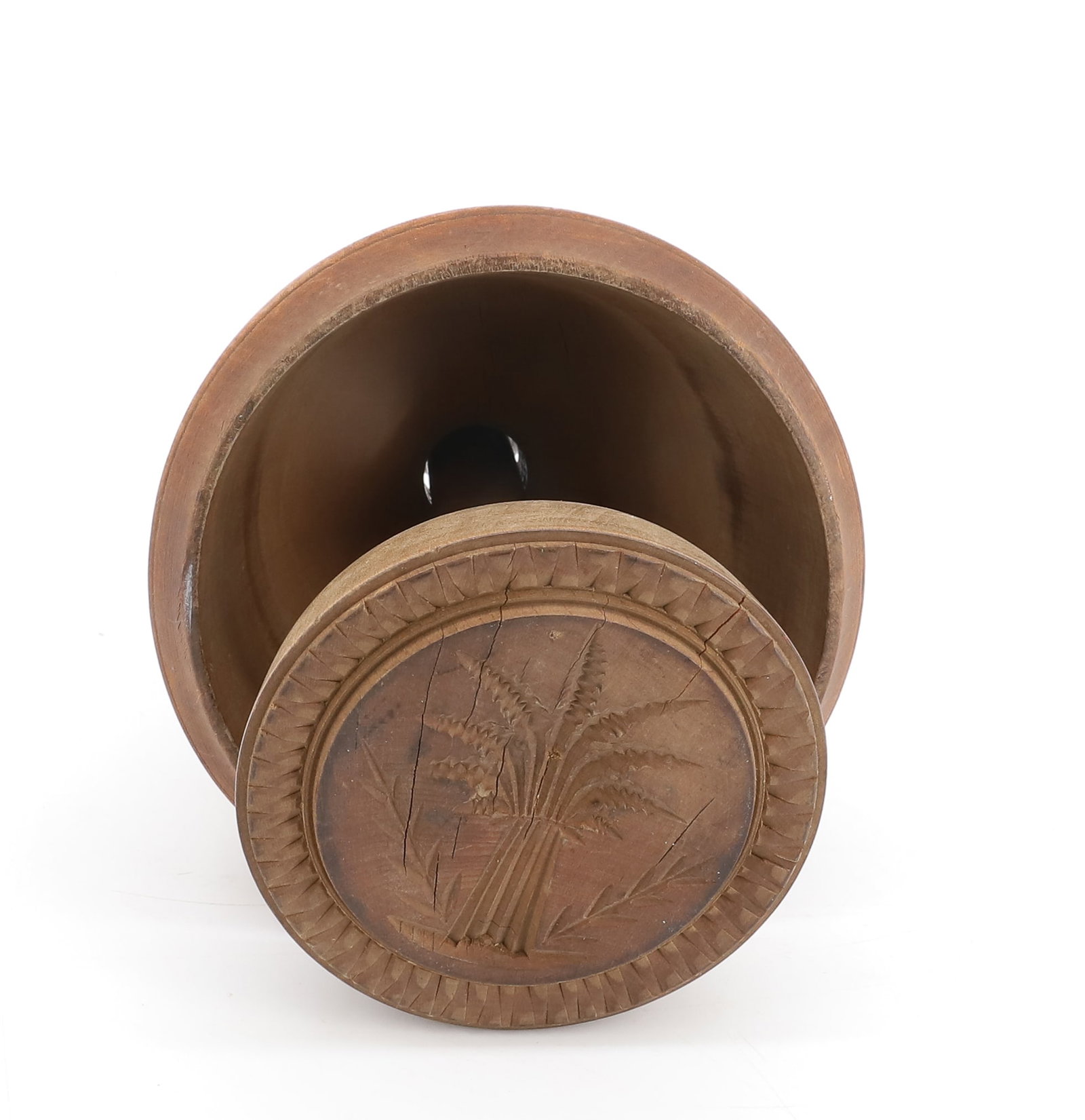 LARGE SHEAF OF WHEAT BUTTER MOLD: TWO-PIECE MOLD (5 3/8" D. AT BOTTOM) DARK SURFACE. PLEASE READ CAREFULLY - ITEMS MUST BE PAID FOR THROUGH LIVE AUCTIONEERS OR WITH CASH OR CHECK IN PERSON - Terms for Purchasing and Shipping of Auctio