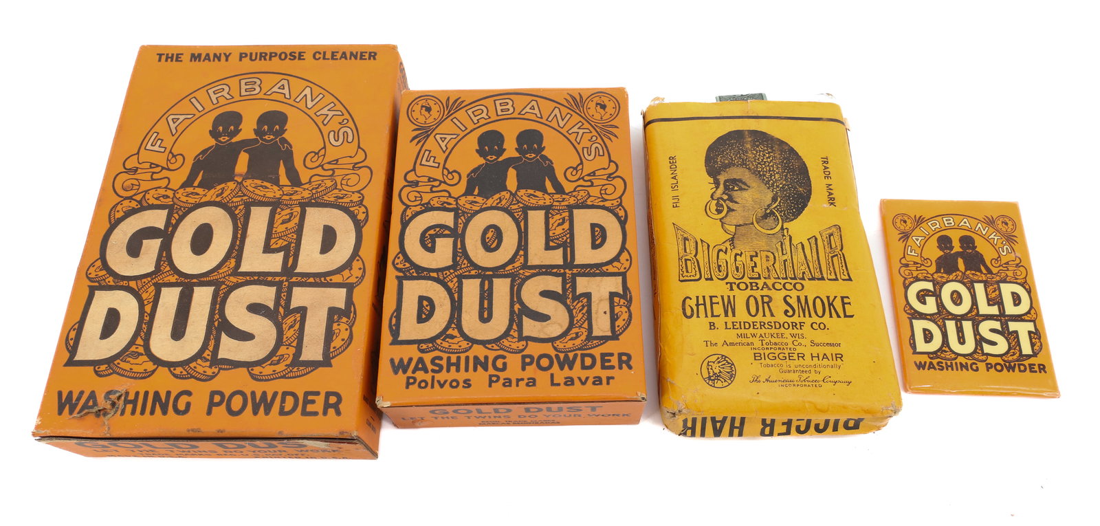 LOT OF BLACK AMERICANA ADVERTISING: INCLUDING: FAIRBANK'S GOLD DUST WASHING POWDER BOXES 4 7/8" AND 6 1/4" HEIGHTS. POCKET MIRROR 3 1/8" X 2 1/8". WITH, "BIGGERHAIR" TOBACCO PAPER LITHO PACKAGE. PLEASE READ CAREFULLY - ITEMS MUST