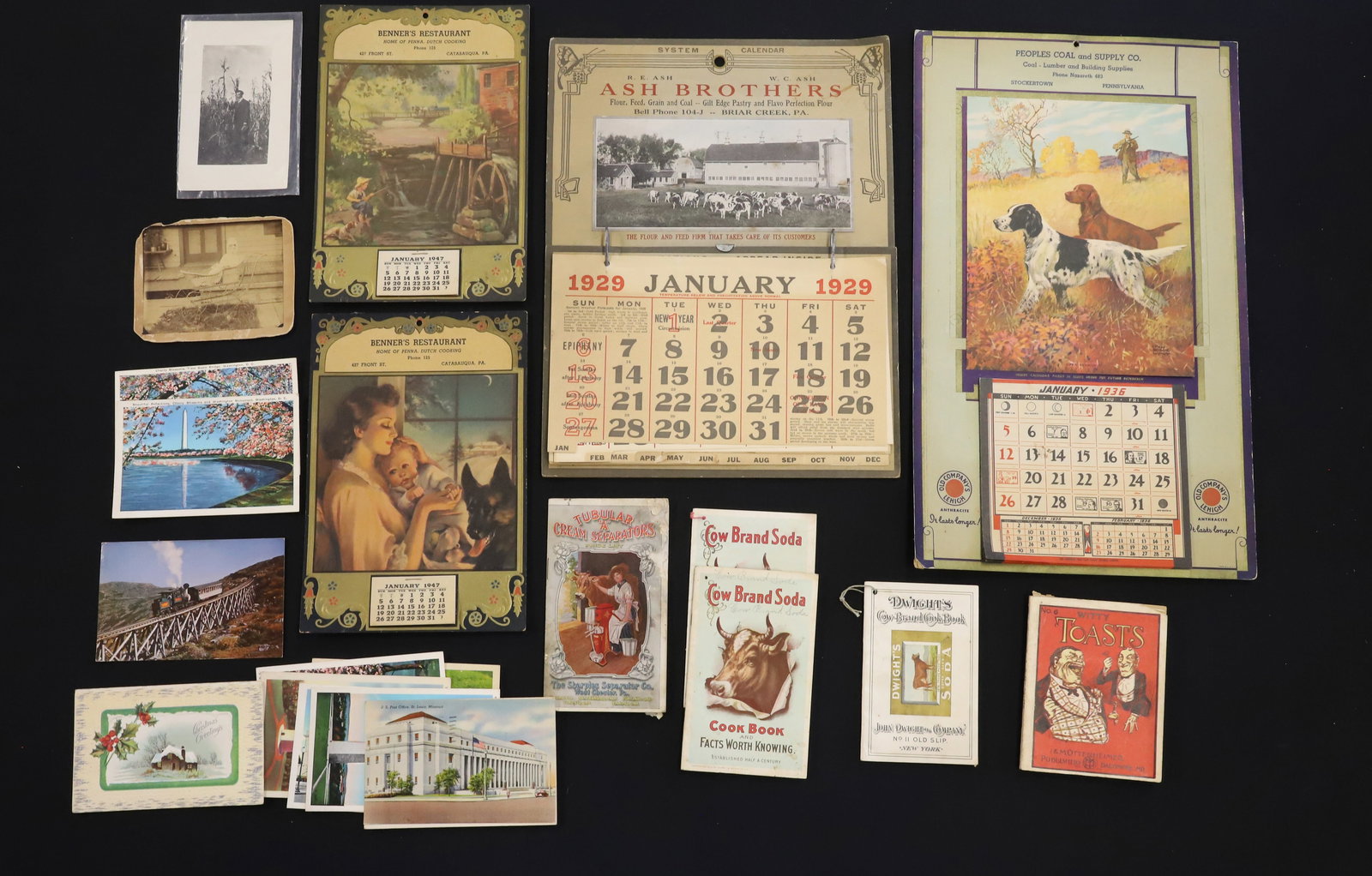 LOT OF ADVERTISING CALENDARS, BOOKLETS AND POSTCARDS: 1920s TO 1940s ADVERTISING CALENDARS. "COW BRAND SODA" COOKBOOKS, "TUBULAR "A" CREAM SEPARATORS" BOOKLET AND MORE. PLEASE READ CAREFULLY - ITEMS MUST BE PAID FOR THROUGH LIVE AUCTIONEERS OR WITH