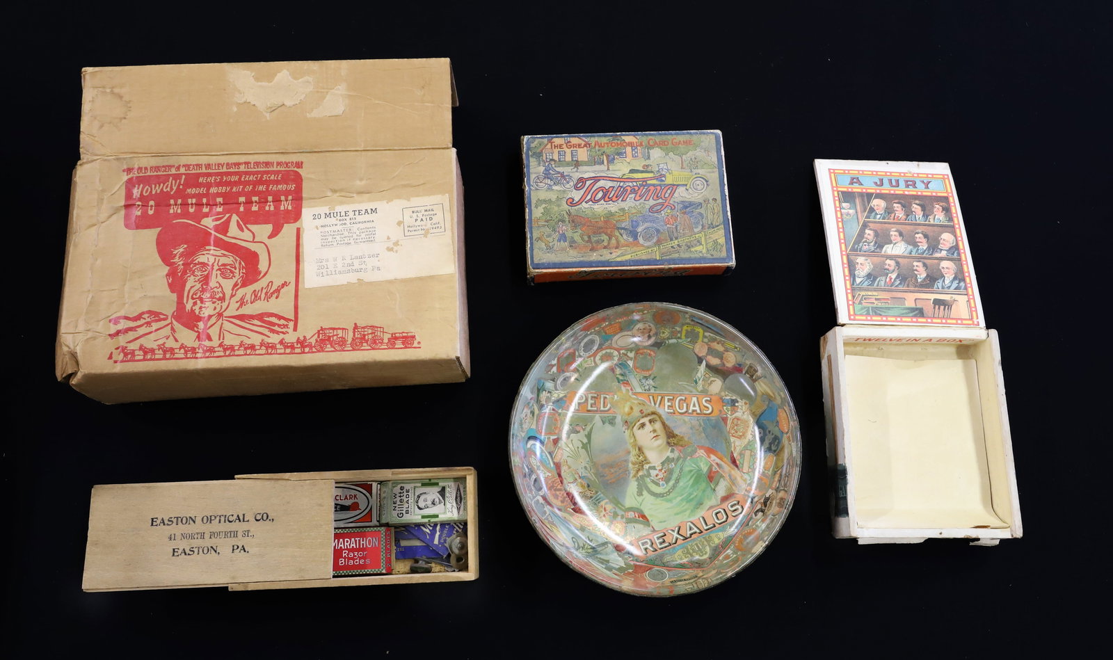 LOT OF ADVERTISING AND MORE: INCLUDING: 20 MULE TEAM SCALE MODEL, TOURING CARD GAME, "A JURY" CIGAR BOX, CIGAR BAND BOWL 7", RAZORS AND MORE. PLEASE READ CAREFULLY - ITEMS MUST BE PAID FOR THROUGH LIVE AUCTIONEERS OR WITH