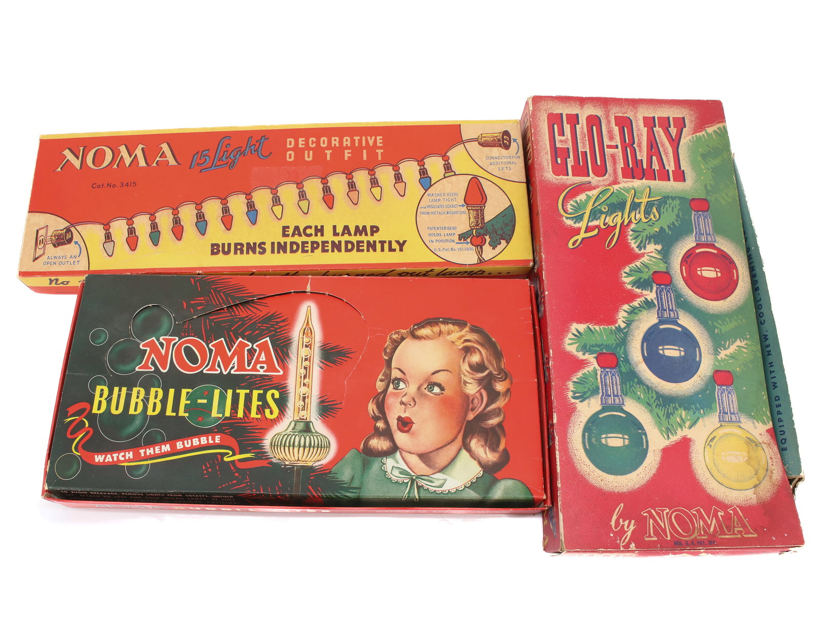 LOT OF NOMA CHRISTMAS TREE LIGHTS: INCLUDING: NOMA 15 LIGHT DECORATIVE OUTFIT, NOMA BUBBLE-LITES AND NOMA GLO-RAY LIGHTS. PLEASE READ CAREFULLY - ITEMS MUST BE PAID FOR THROUGH LIVE AUCTIONEERS OR WITH CASH OR CHECK IN PERSON -