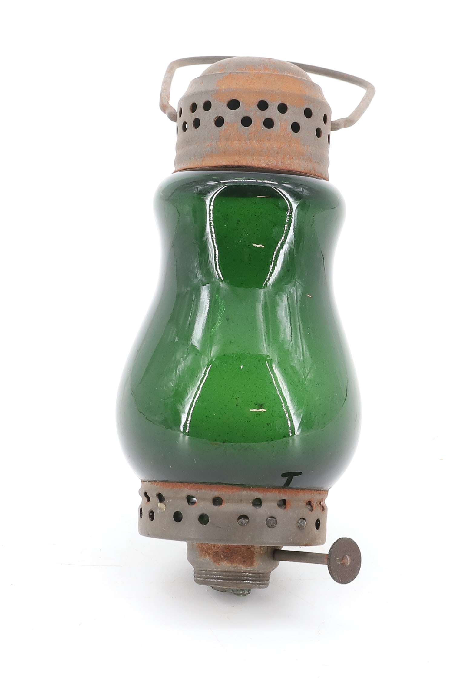GREEN GLOBE SKATER'S LANTERN: GREEN GLOBE EMBOSSED "2". TIN TOP AND BASE ARE "STUCK" IN PLACE ON GLOBE (3 3/8"). PLEASE READ CAREFULLY - ITEMS MUST BE PAID FOR THROUGH LIVE AUCTIONEERS OR WITH CASH OR CHECK IN PERSON - Terms for P