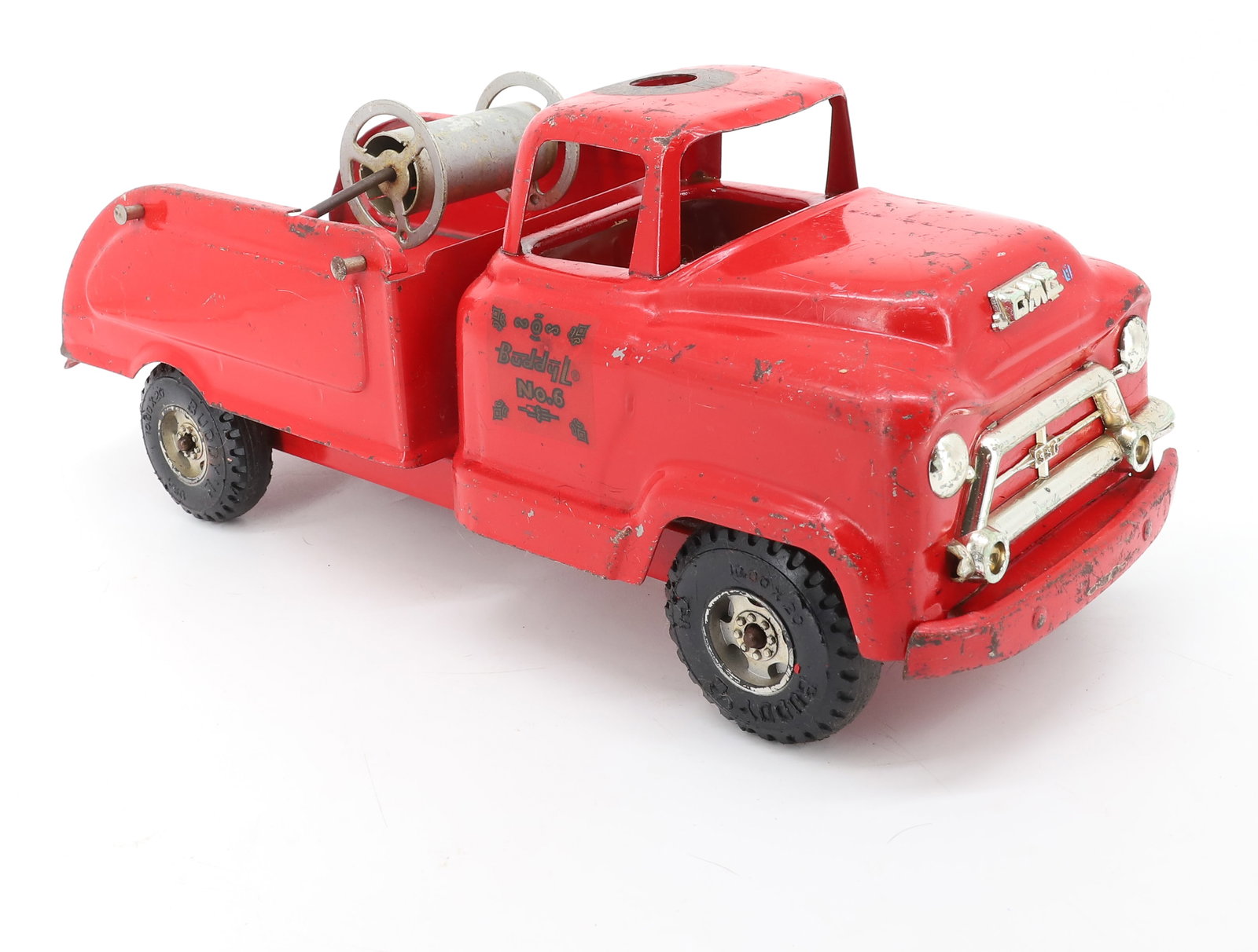 BUDDY "L" GMC NO. 6 FIRE TRUCK: PAINTED PRESSED STEEL W/ ORIGINAL DECALS. 14 1/2" L. PLEASE READ CAREFULLY - ITEMS MUST BE PAID FOR THROUGH LIVE AUCTIONEERS OR WITH CASH OR CHECK IN PERSON - Terms for Purchasing and Shipping of Auct