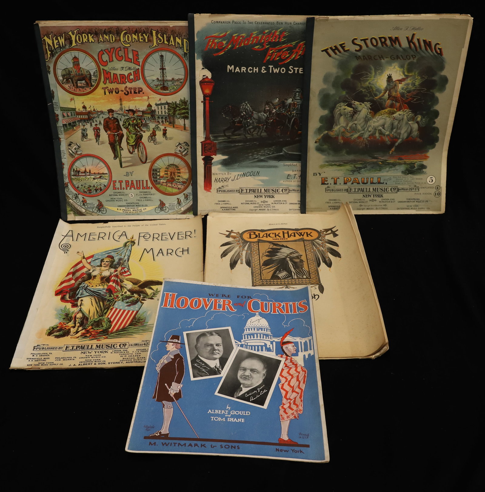 LOT OF ANTIQUE SHEET MUSIC: PATRIOTIC COVERS: AMERICA FOREVER MARCH, WE'RE FOR HOOVER AND CURTIS, LINCOLN CENTENNIAL MARCH. PLUS, "NEW YORK AND CONEY ISLAND CYCLE MARCH AND MORE. PLEASE READ CAREFULLY - ITEMS MUST BE PAID