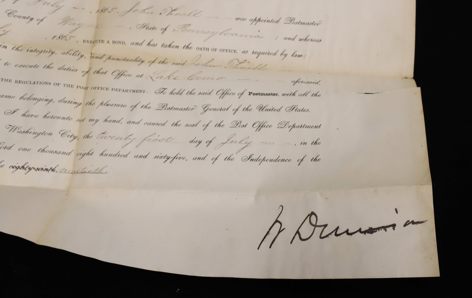 WILLIAM DENNISON SGND. DOCUMENT AS POSTMASTER GENERAL - 3