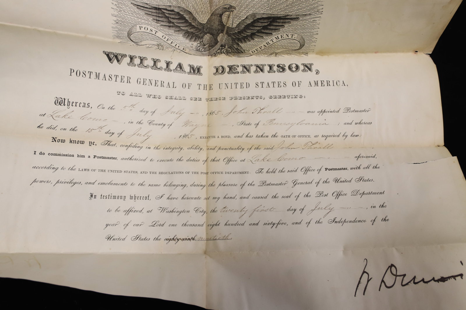 WILLIAM DENNISON SGND. DOCUMENT AS POSTMASTER GENERAL - 4