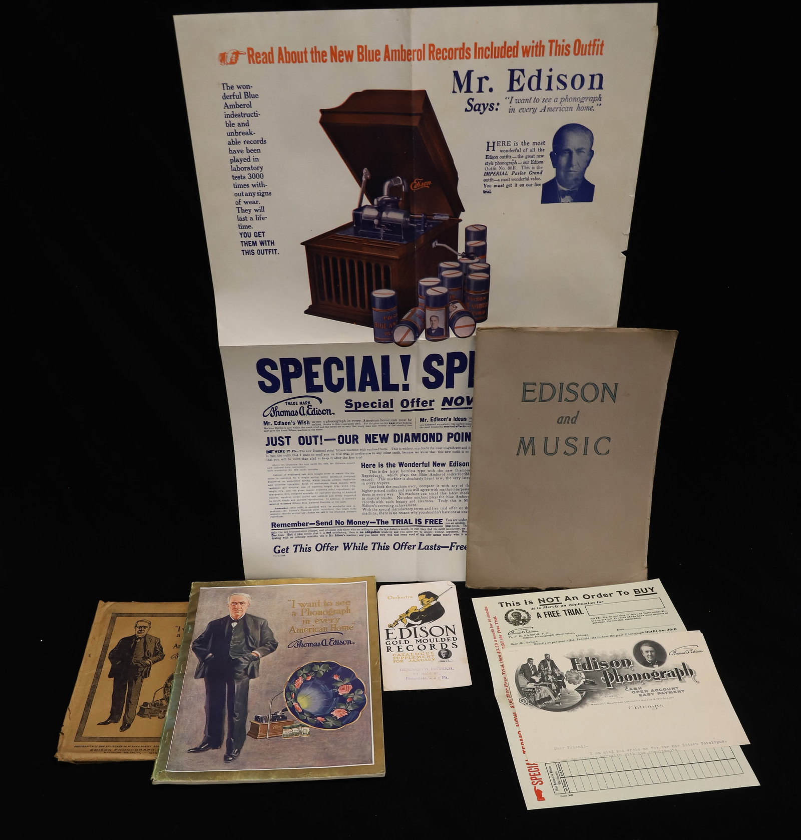 LOT OF EDISON PHONOGRAPH ADVERTISING CATALOGS / BOOKLETS: INCLUDES ADVERTISING POSTER FOR "DIAMOND POINT OUTFIT NO. 36B". CATALOG W/ ENVELOPE AND LETTER. PLEASE READ CAREFULLY - ITEMS MUST BE PAID FOR THROUGH LIVE AUCTIONEERS OR WITH CASH OR CHECK IN
