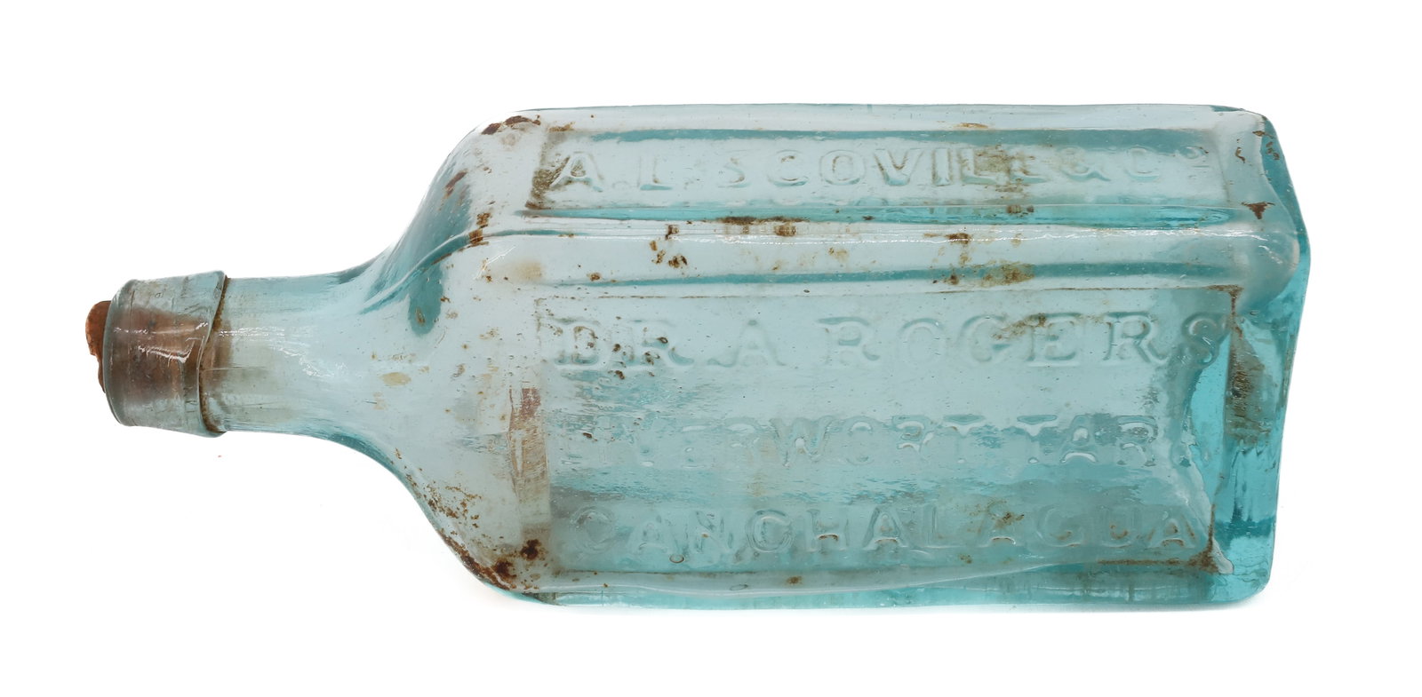 DR. ROGERS LIVERWORT MEDICINE BOTTLE: AQUA WITH OPEN PONTIL. "DR. A. ROGERS LIVERWORT, TAR & CANCHALAGUA, A.L. SCOVILL & CO., NEW YORK" 7 1/4" H. PLEASE READ CAREFULLY - ITEMS MUST BE PAID FOR THROUGH LIVE AUCTIONEERS OR WITH CASH