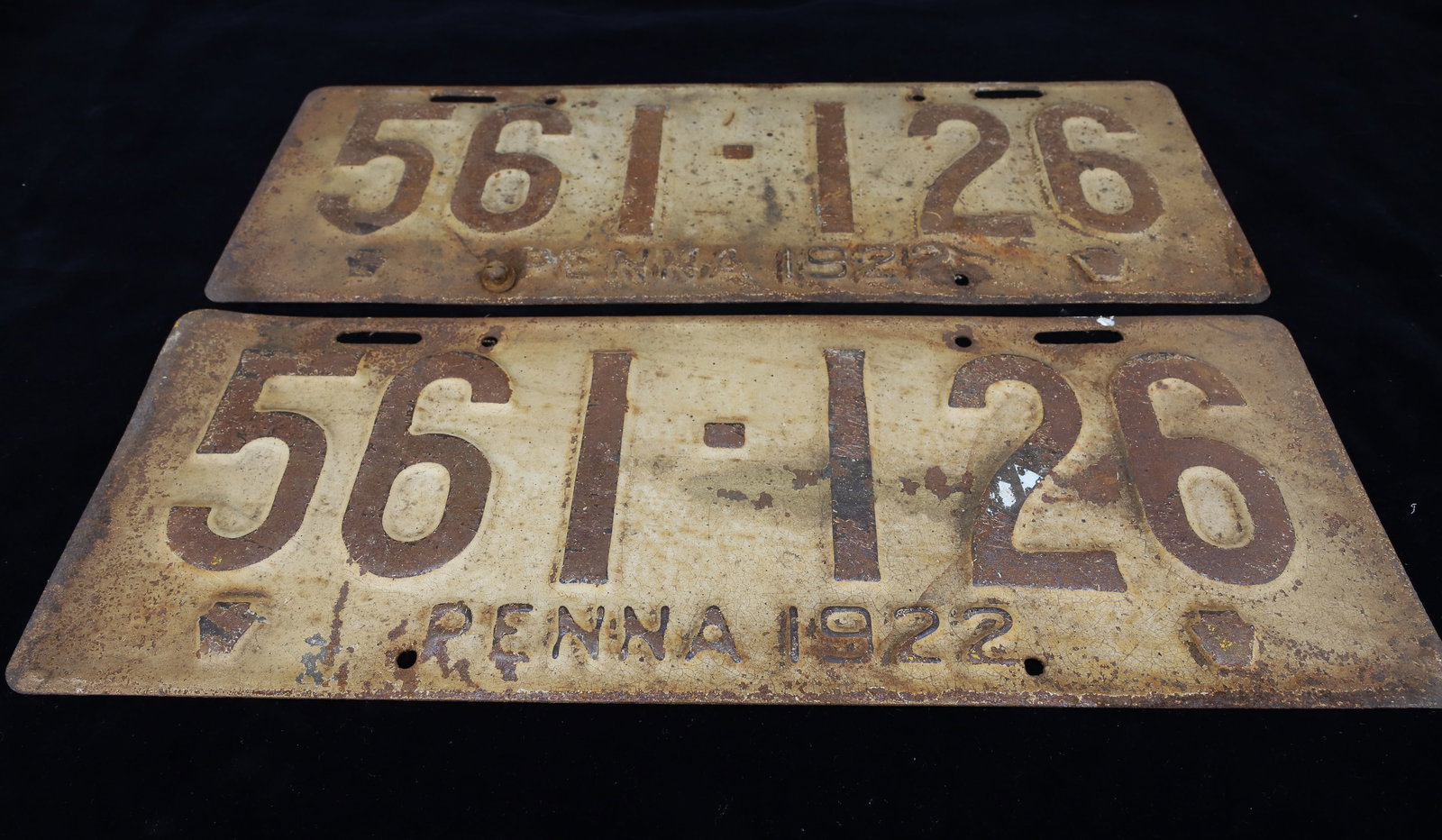 PAIR OF PA 1922 LICENSE PLATES: PAINTED PRESSED STEEL. 16" L. PLEASE READ CAREFULLY - ITEMS MUST BE PAID FOR THROUGH LIVE AUCTIONEERS OR WITH CASH OR CHECK IN PERSON - Terms for Purchasing and Shipping of Auction Items. Please read 