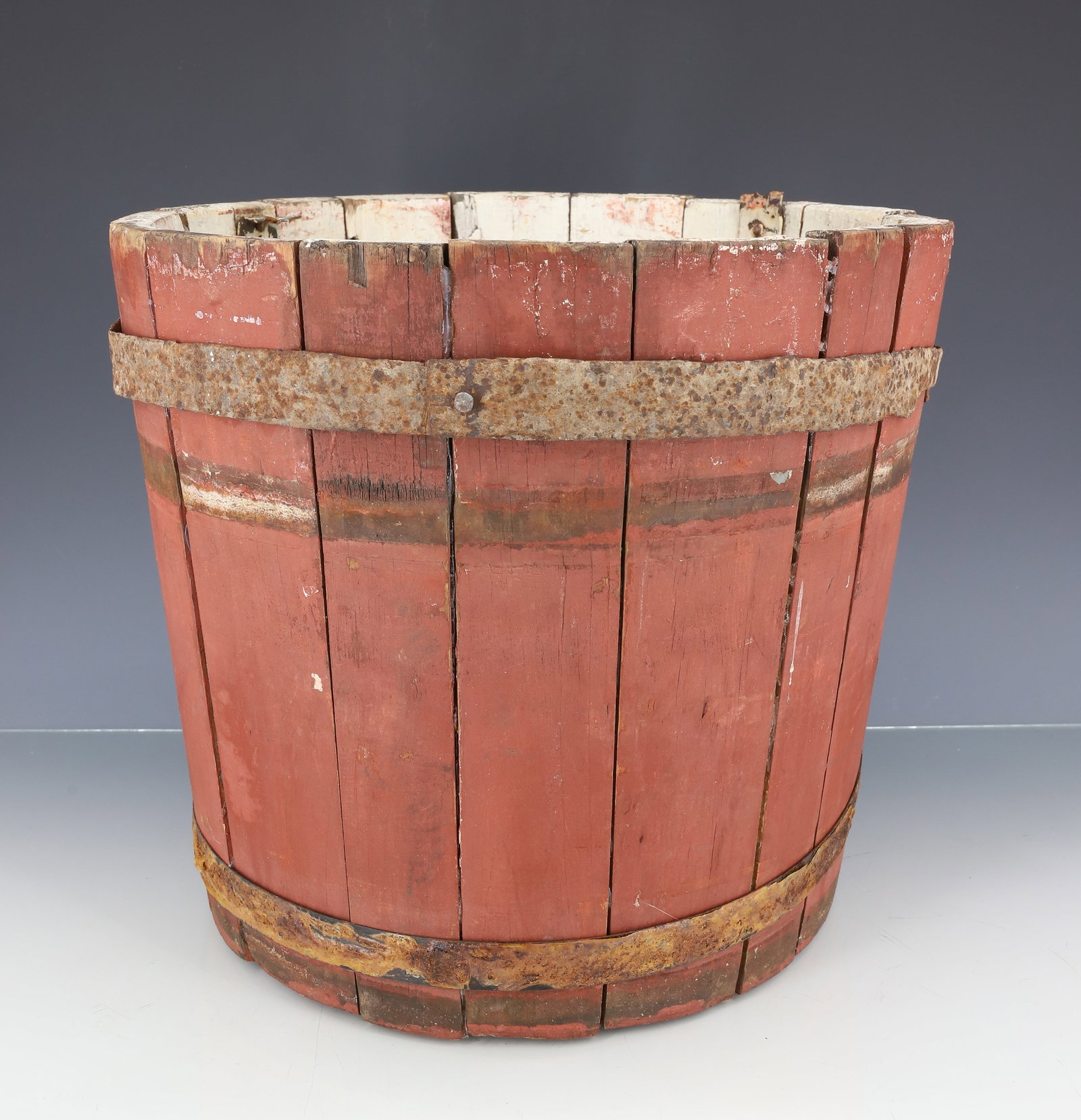 PAINTED WOODEN SAP BUCKET, MAPLE SYRUP: RED PAINTED EXTERIOR WITH WHITE INTERIOR. 11" X 12 1/4". PLEASE READ CAREFULLY - ITEMS MUST BE PAID FOR THROUGH LIVE AUCTIONEERS OR WITH CASH OR CHECK IN PERSON - Terms for Purchasing and