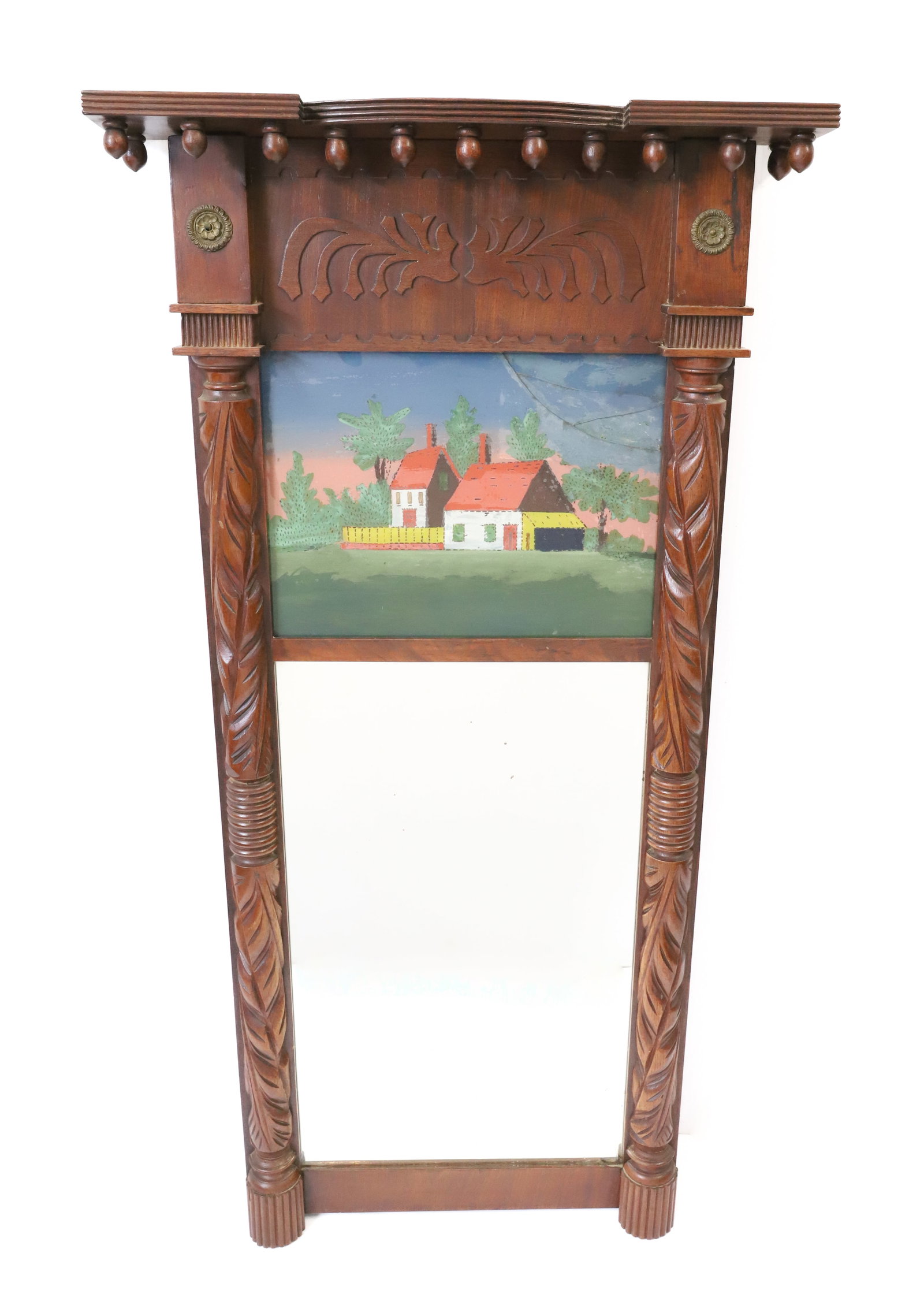 19TH C. REVERSE PAINTED MIRROR: DECORATED WOODEN FRAMEWORK WITH CARVED COLUMNS "ACORN" BEADS ACROSS TOP. REVERSE PAINTING OF COLORFUL HOUSE AND LANDSCAPE. 38" X 19". PLEASE READ CAREFULLY - ITEMS MUST BE PAID FOR THROUGH LIVE