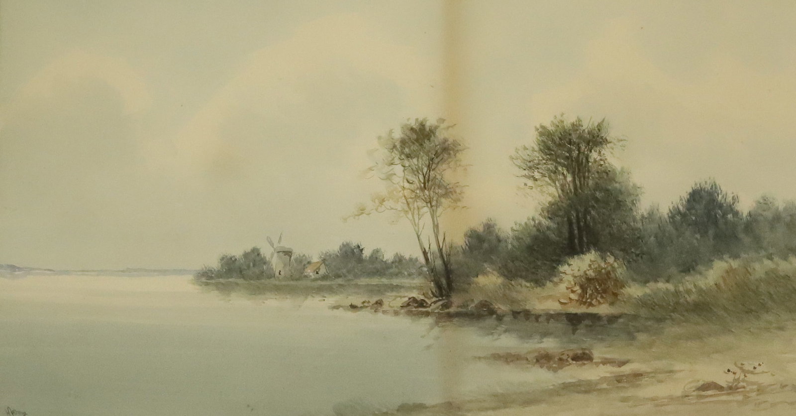 COASTAL SCENE, WATERCOLOR ON PAPER: WINDMILL ON COASTAL EDGE. SGND. ON BOTTOM LEFT CORNER. MATTED AND FRAMED UNDER GLASS. 10 1/2" X 19 1/4" SIGHT VIEW. FRAMED 18 3/4" X 27 1/2". PLEASE READ CAREFULLY - ITEMS MUST BE PAID FOR