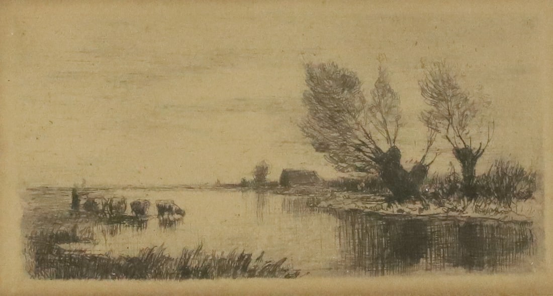 FRAMED ETCHING, FARMER WITH COWS (1 of 3)