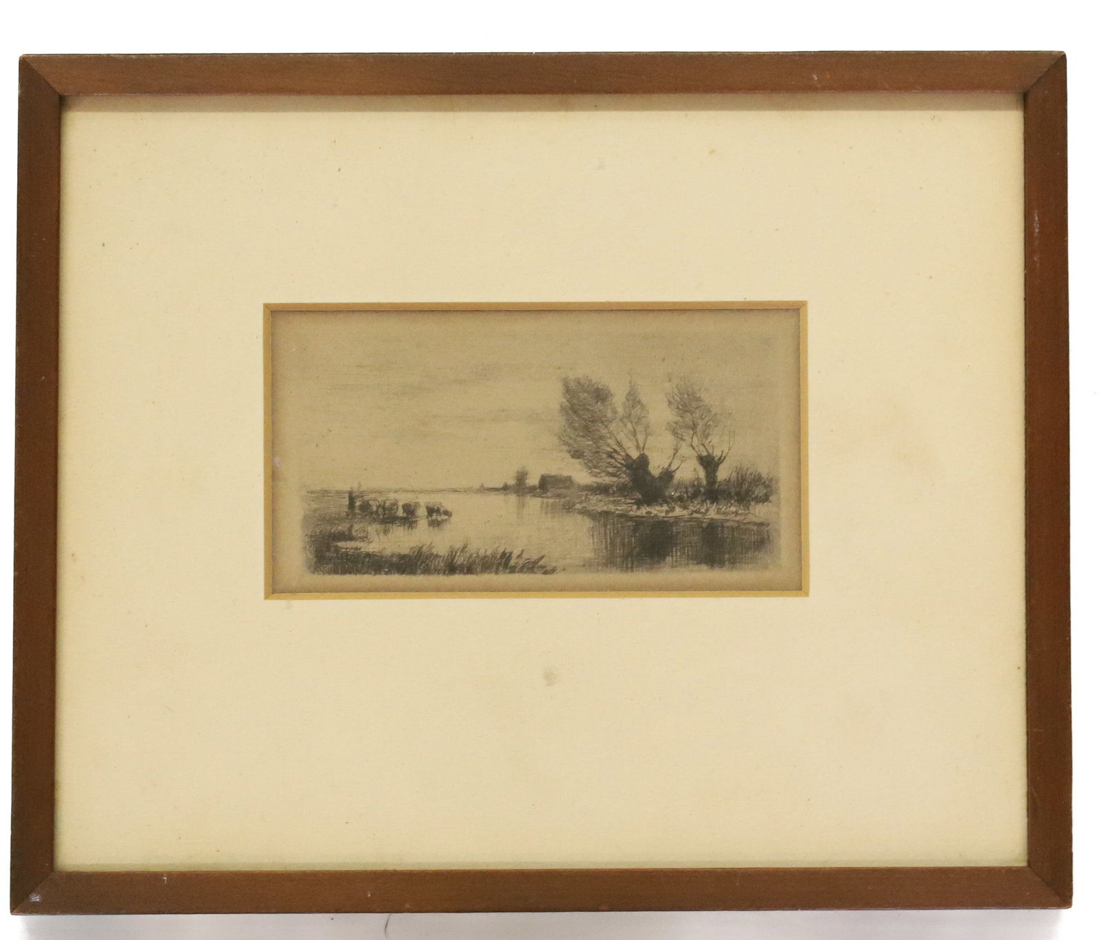 FRAMED ETCHING, FARMER WITH COWS - 2