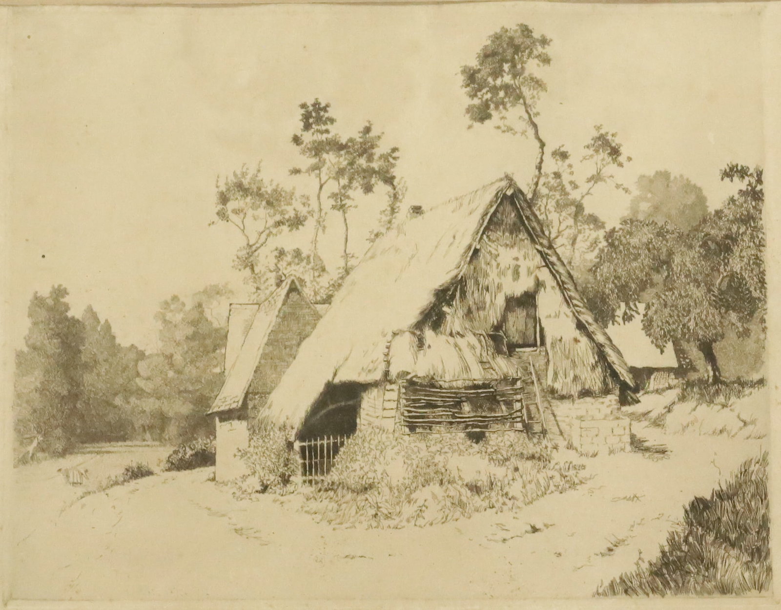 POLLY HILL FRAMED ETCHING: TITLED LOWER LEFT 8/50. UNSIGNED. ATTR. TO POLLY KNIPP HILL. SIGHT VIEW 8 1/2" X 11 1/4". PLEASE READ CAREFULLY - ITEMS MUST BE PAID FOR THROUGH LIVE AUCTIONEERS OR WITH CASH OR CHECK IN PERSON