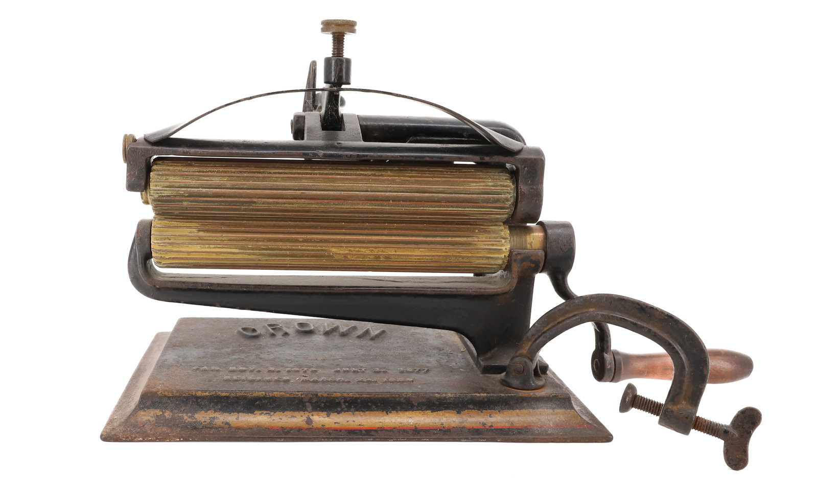 CROWN FLUTING MACHINE: PAINTED CAST IRON WITH BRASS ROLLERS (8" ROLLERS). PLEASE READ CAREFULLY - ITEMS MUST BE PAID FOR THROUGH LIVE AUCTIONEERS OR WITH CASH OR CHECK IN PERSON - Terms for Purchasing and Shipping of