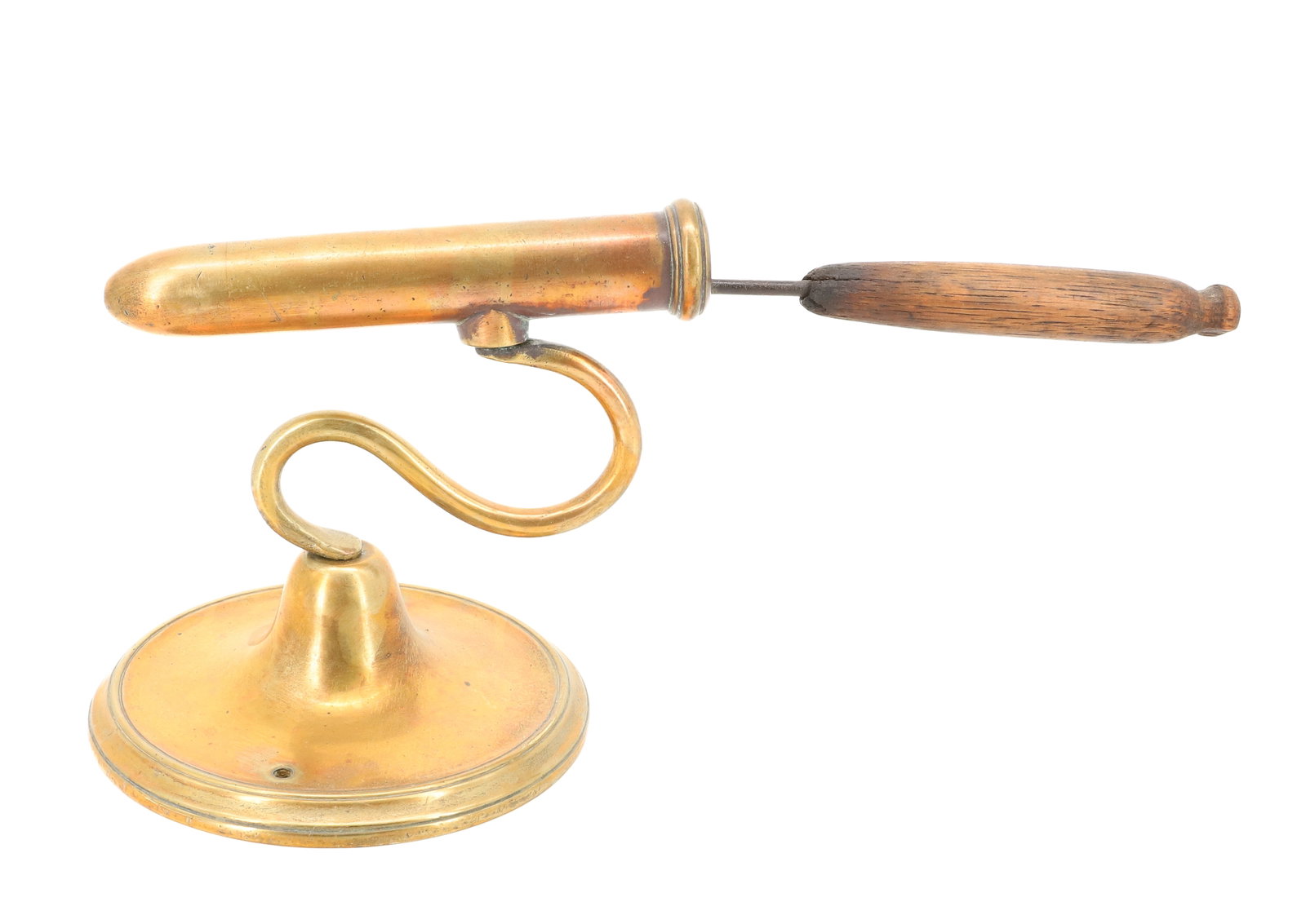 ENGLISH BRASS SINGLE BARREL GOFFERING IRON: S POST. WITH HEATING ROD. SQUATTY DESIGN. 7" BARREL. PLEASE READ CAREFULLY - ITEMS MUST BE PAID FOR THROUGH LIVE AUCTIONEERS OR WITH CASH OR CHECK IN PERSON - Terms for Purchasing and Shipping of