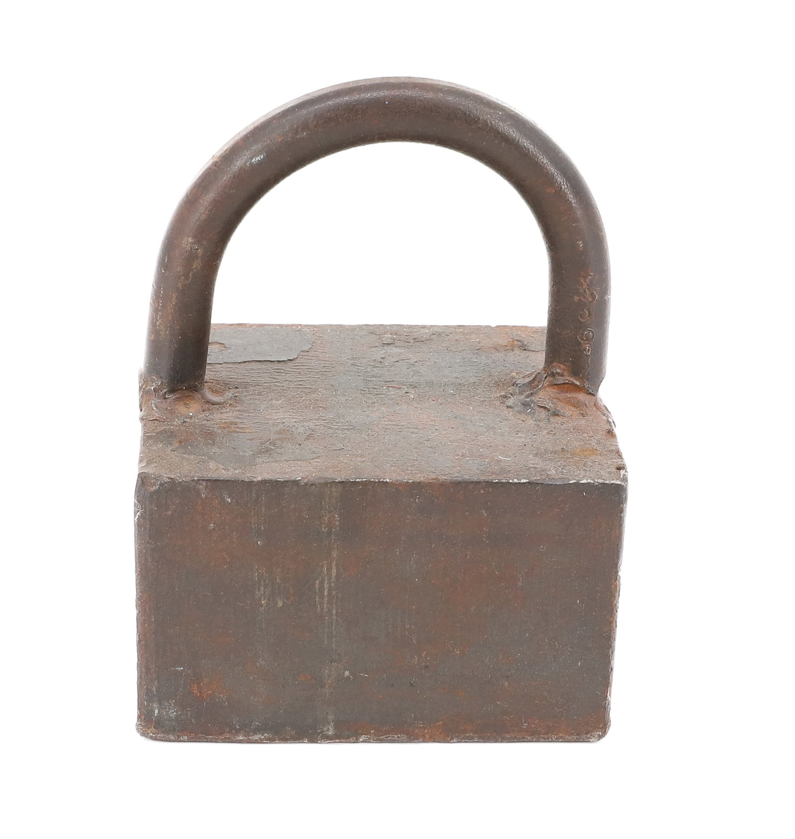 UNUSUAL MAKE-DO IRON: SOLID STEEL, SQUARE CONSTRUCTION WITH ARCHED HANDLE. 5" X 4" X 3". PLEASE READ CAREFULLY - ITEMS MUST BE PAID FOR THROUGH LIVE AUCTIONEERS OR WITH CASH OR CHECK IN PERSON - Terms for Purchasing and