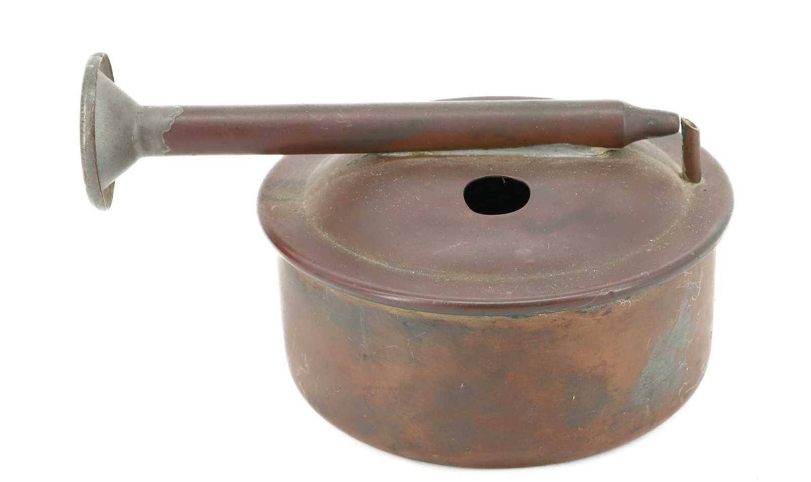 UNUSUAL CHINESE SPRINKLING CAN: COPPER CONSTRUCTION. 3 1/2" X 6 1/2". PLEASE READ CAREFULLY - ITEMS MUST BE PAID FOR THROUGH LIVE AUCTIONEERS OR WITH CASH OR CHECK IN PERSON - Terms for Purchasing and Shipping of Auction Items.