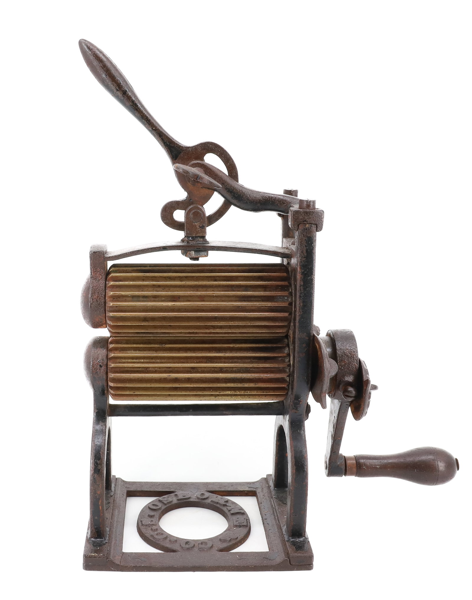 S. OSBORNE FLUTING MACHINE: CAST IRON WITH HEART THUMBSCREW. BRASS ROLLERS (4 1/2"). 11" H. PLEASE READ CAREFULLY - ITEMS MUST BE PAID FOR THROUGH LIVE AUCTIONEERS OR WITH CASH OR CHECK IN PERSON - Terms for Purchasing and