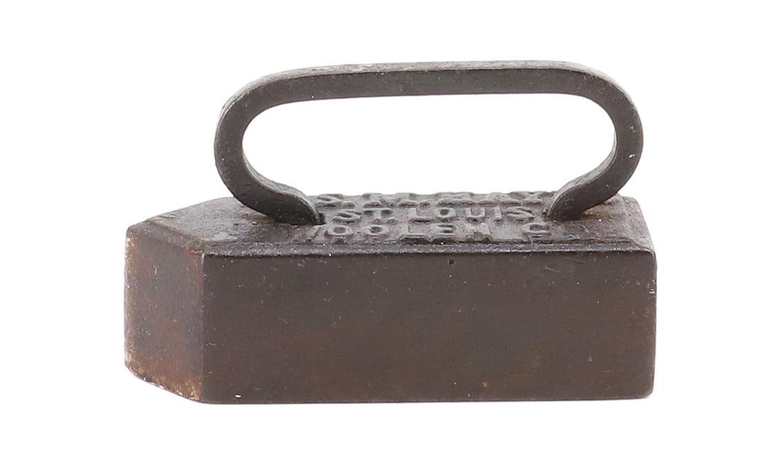 MINIATURE ADVERTISING IRON: JOS. M. HAYES, ST. LOUIS WOOLEN CO. 3 1/4" L. PLEASE READ CAREFULLY - ITEMS MUST BE PAID FOR THROUGH LIVE AUCTIONEERS OR WITH CASH OR CHECK IN PERSON - Terms for Purchasing and Shipping of Auction