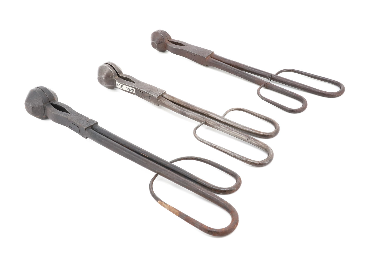 (3) WROUGHT CURLING IRONS: BALL-SHAPED WITH SCISSOR HANDLES. 10" LONGEST. PLEASE READ CAREFULLY - ITEMS MUST BE PAID FOR THROUGH LIVE AUCTIONEERS OR WITH CASH OR CHECK IN PERSON - Terms for Purchasing and Shipping of Auction