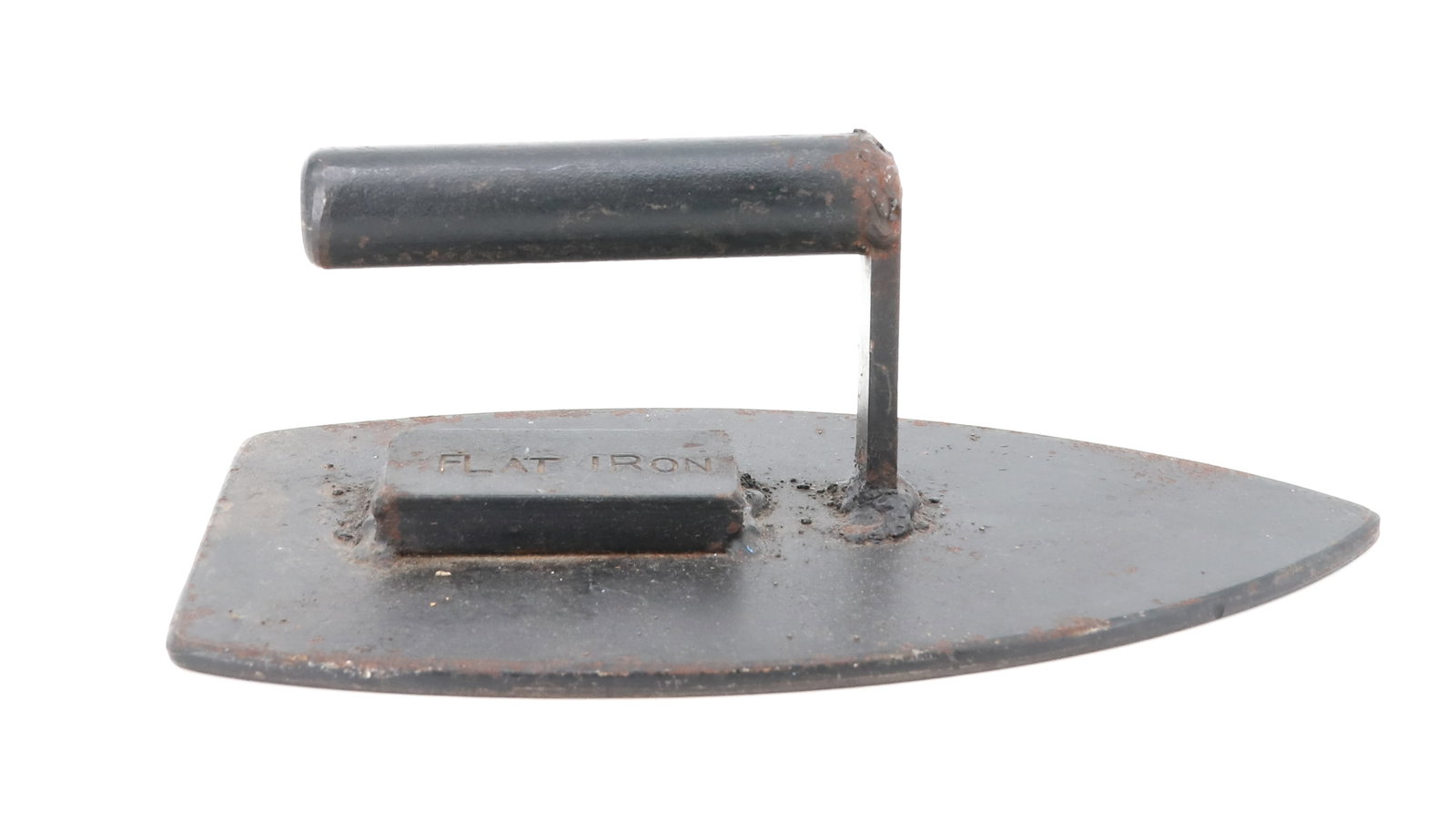 UNUSUAL HANDMADE FLAT IRON: FLAT BASE 1/8" THICK X 9 3/4" X 5". APPLIED HANDLE AND TOP RECTANGULAR WEIGHT MRKD. "FLAT IRON". PLEASE READ CAREFULLY - ITEMS MUST BE PAID FOR THROUGH LIVE AUCTIONEERS OR WITH CASH OR CHECK IN PERSON