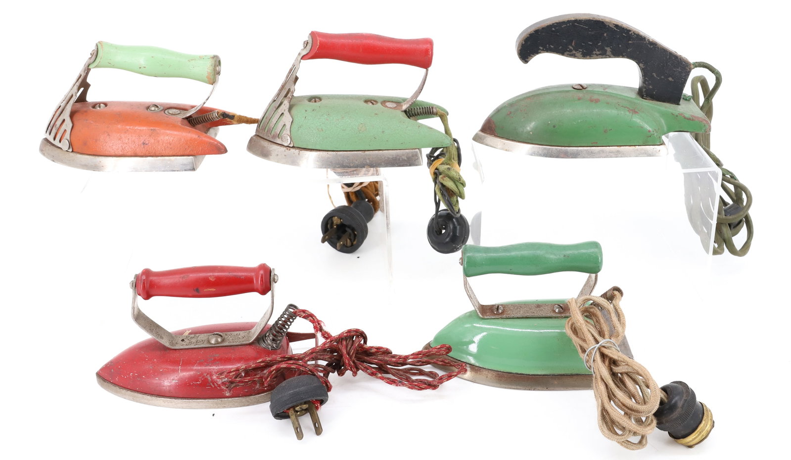 (5) ELECTRIC DECO-STYLE CHILDREN'S IRONS: GREEN, ORANGE AND RED. LARGEST IS 6 1/4" L. PLEASE READ CAREFULLY - ITEMS MUST BE PAID FOR THROUGH LIVE AUCTIONEERS OR WITH CASH OR CHECK IN PERSON - Terms for Purchasing and Shipping of Auction Items