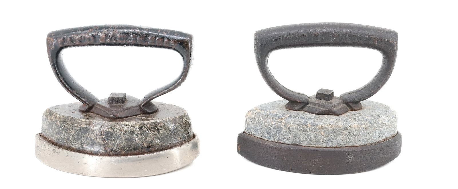 PAIR OF SOAPSTONE IRONS: BOTH MRKD. HOODS PATENT JAN. 1867. 5" L. PLEASE READ CAREFULLY - ITEMS MUST BE PAID FOR THROUGH LIVE AUCTIONEERS OR WITH CASH OR CHECK IN PERSON - Terms for Purchasing and Shipping of Auction Items.