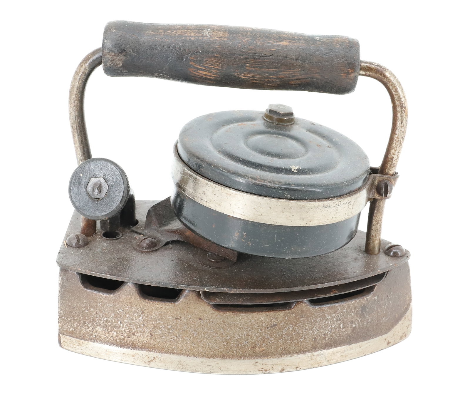 LIQUID FUEL IRON: UNUSUAL TOP TANK AND VALVE. CRUDE SURFACE. 7 1/2" L. PLEASE READ CAREFULLY - ITEMS MUST BE PAID FOR THROUGH LIVE AUCTIONEERS OR WITH CASH OR CHECK IN PERSON - Terms for Purchasing and Shipping of