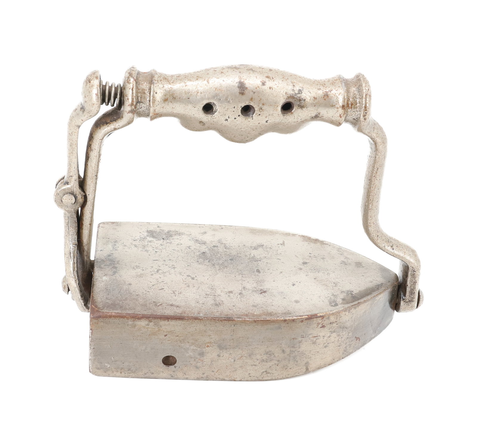 REVOLVING HANDLE IRON: REVOLVING HANDLE FLAT IRON. UNMARKED. BOTTOM SIDE HAS SLANTED UP NOSE. 6" L. PLEASE READ CAREFULLY - ITEMS MUST BE PAID FOR THROUGH LIVE AUCTIONEERS OR WITH CASH OR CHECK IN PERSON - Terms for