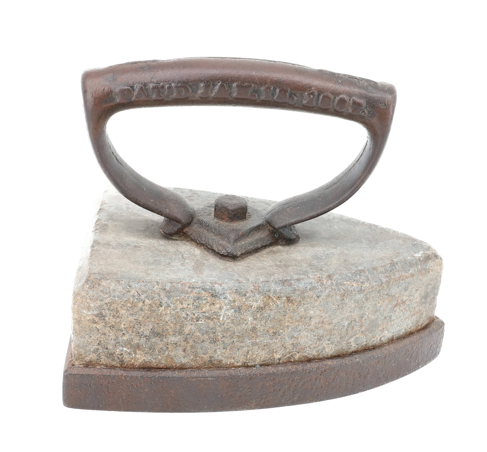 SOAPSTONE FLAT IRON: HOOD'S PATENT 1887 (JANUARY). 6 1/2" L. PLEASE READ CAREFULLY - ITEMS MUST BE PAID FOR THROUGH LIVE AUCTIONEERS OR WITH CASH OR CHECK IN PERSON - Terms for Purchasing and Shipping of Auction Items.