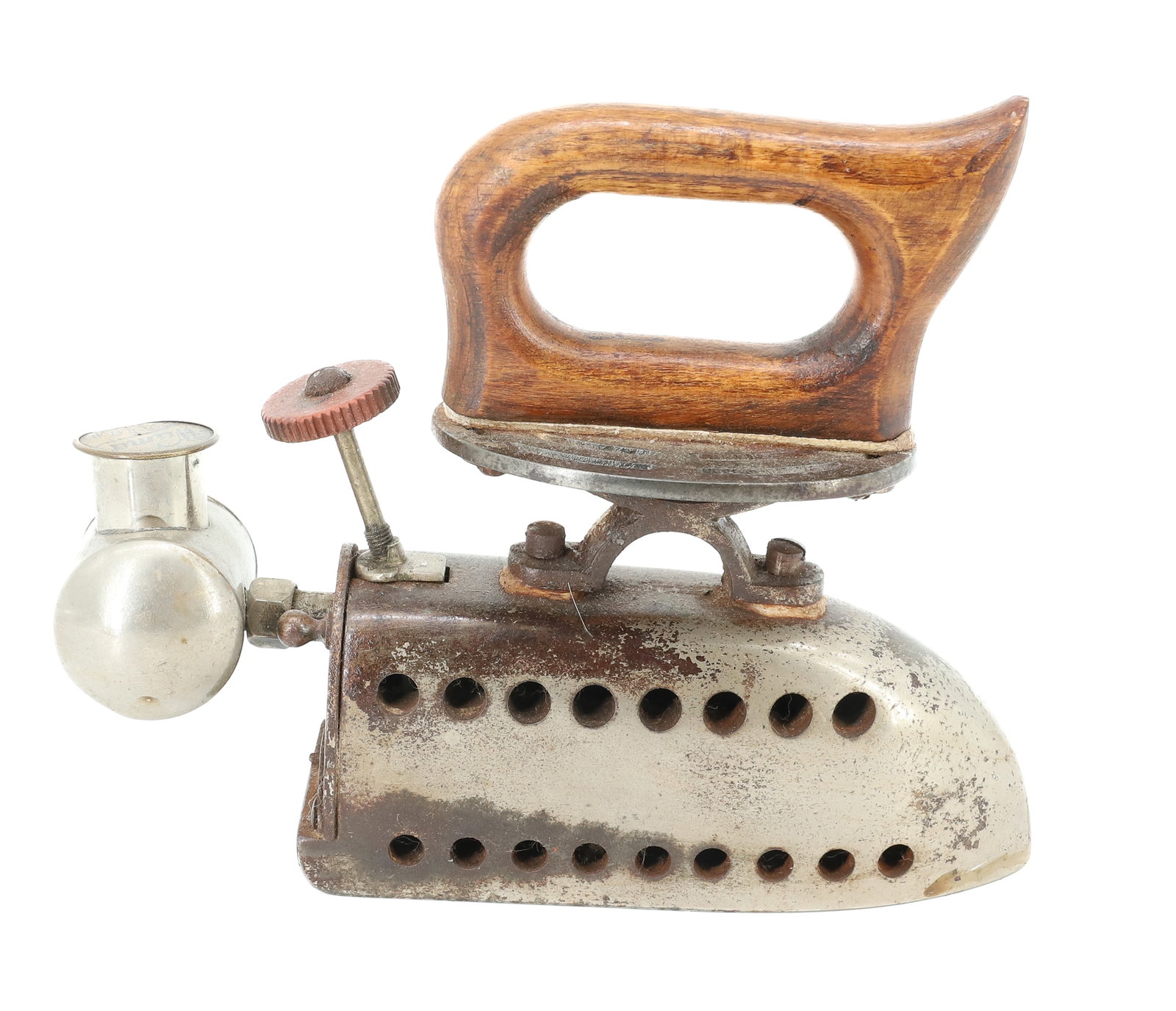 GERMAN ALCOHOL IRON: SMALL SIZE. CA. 1900. TANK MRKD. WAMA. 5 1/3" L. PLEASE READ CAREFULLY - ITEMS MUST BE PAID FOR THROUGH LIVE AUCTIONEERS OR WITH CASH OR CHECK IN PERSON - Terms for Purchasing and Shipping of Auction