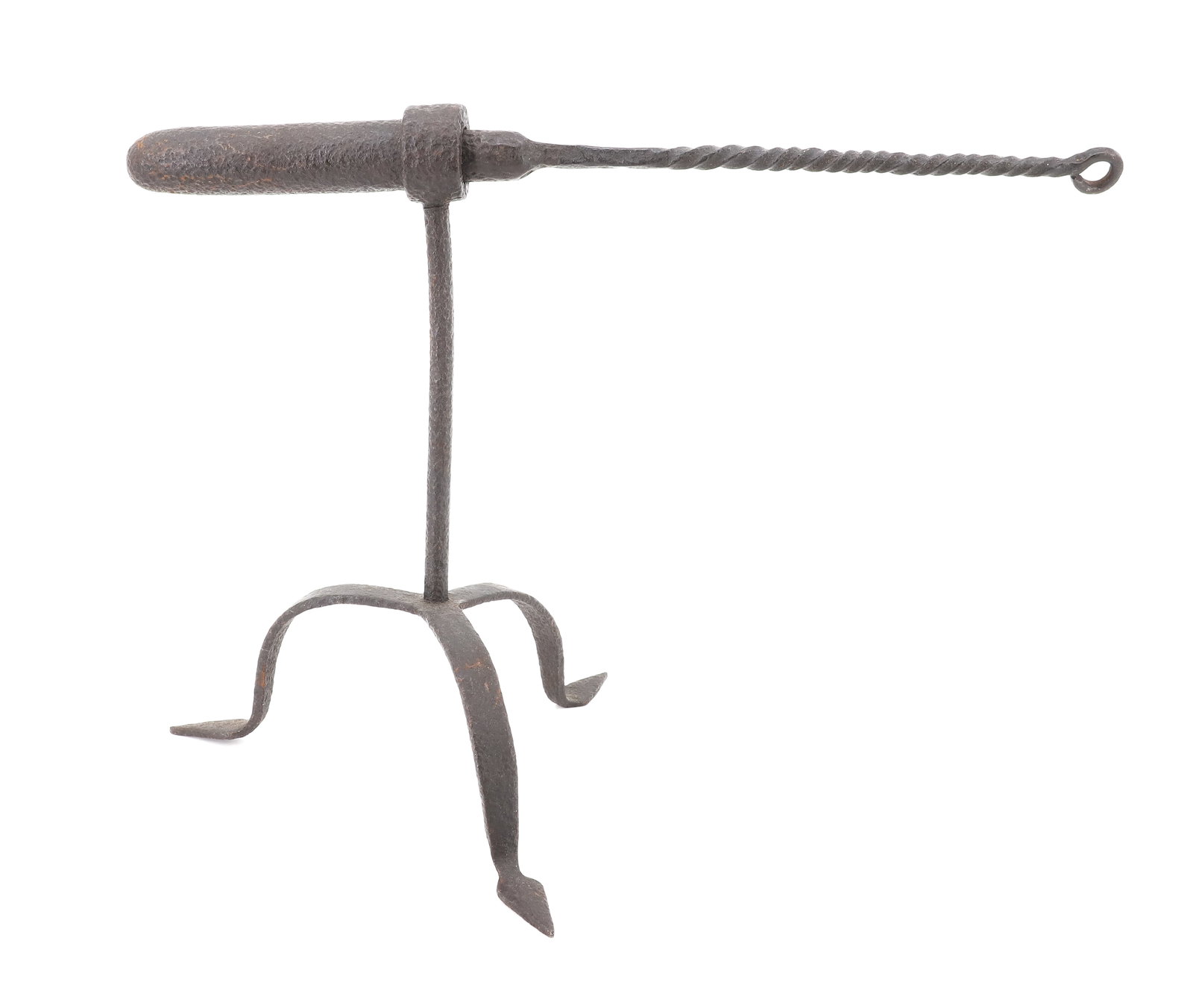 HANDWROUGHT BLACKSMITH MADE SINGLE BARREL GOFFERING IRON: DIAMOND FEET. WITH, TWISTED HANDLE HEAT ROD. STRAIGHT POST. BARREL 5" L. PLEASE READ CAREFULLY - ITEMS MUST BE PAID FOR THROUGH LIVE AUCTIONEERS OR WITH CASH OR CHECK IN PERSON - Terms for Purchasing