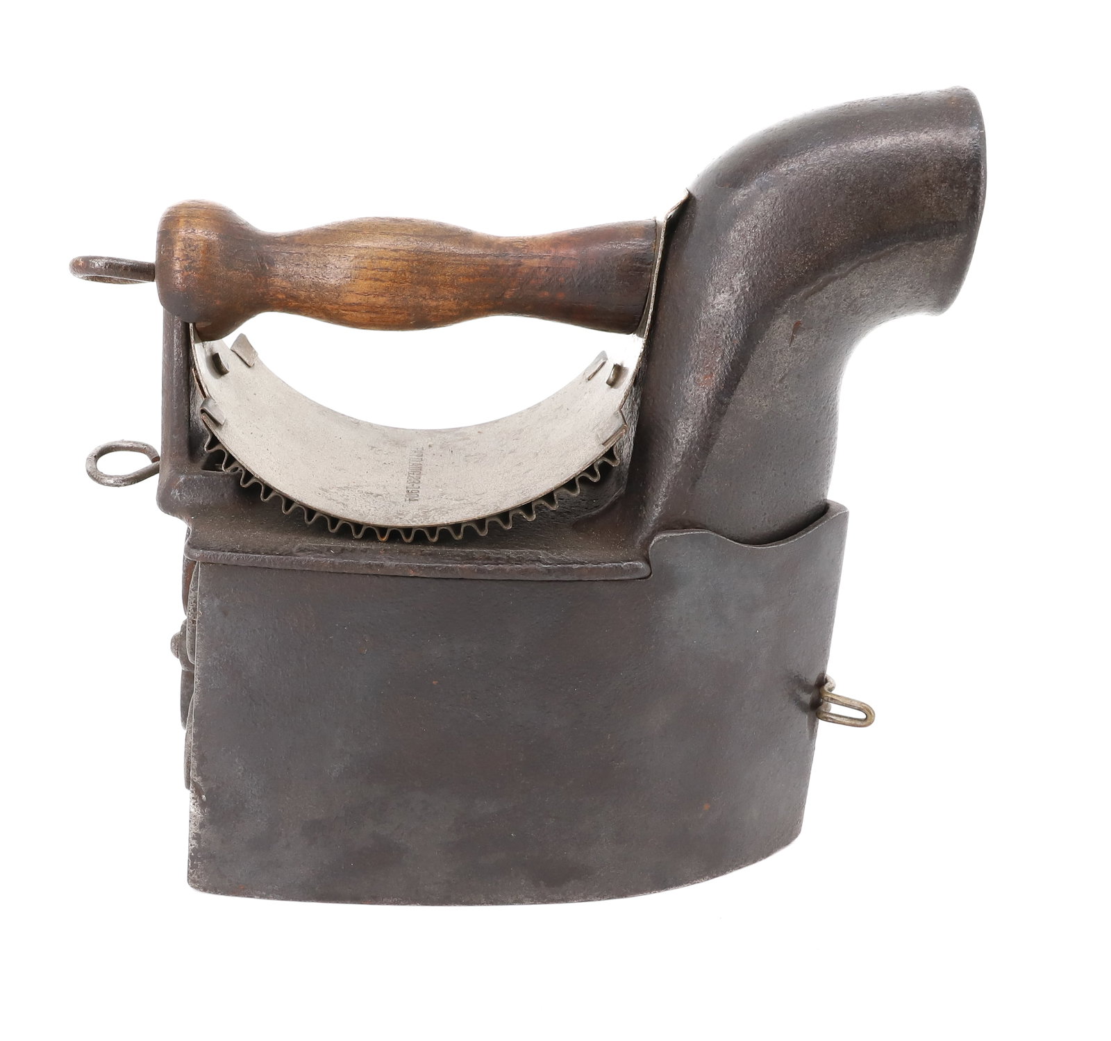 H.S. PEASE CHARCOAL IRON: COMBINATION CHARCOAL IRON. FLAT / FLUTER. PAT. AUG. 23, 1904. PAT. AUG. 14, 1888. 7" L. PLEASE READ CAREFULLY - ITEMS MUST BE PAID FOR THROUGH LIVE AUCTIONEERS OR WITH CASH OR CHECK IN PERSON - Terms 