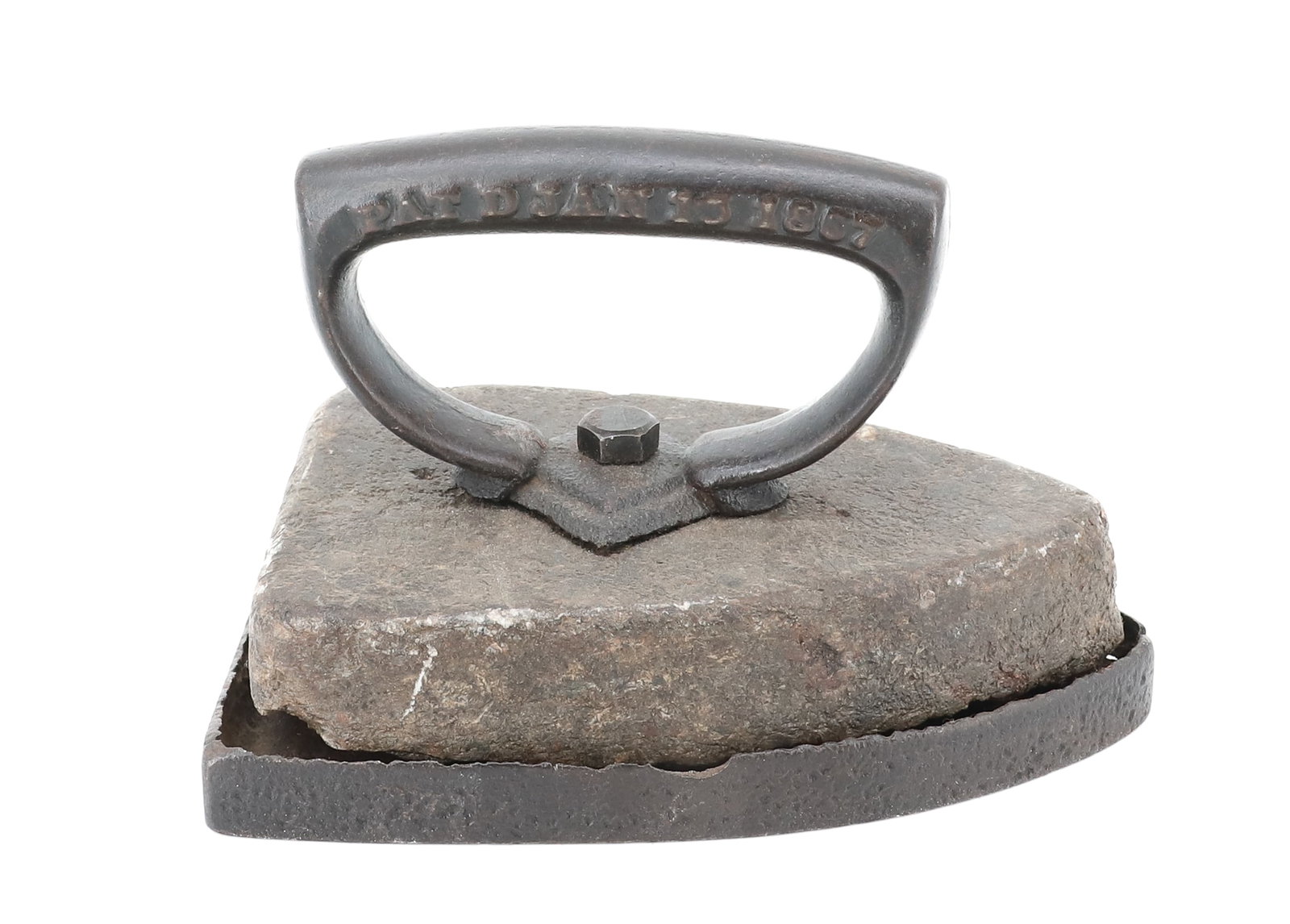 SOAPSTONE HOOD'S PATENT IRON: CA. 1867. HOOD'S PATENT. 6 1/4" L. PLEASE READ CAREFULLY - ITEMS MUST BE PAID FOR THROUGH LIVE AUCTIONEERS OR WITH CASH OR CHECK IN PERSON - Terms for Purchasing and Shipping of Auction Items. Please