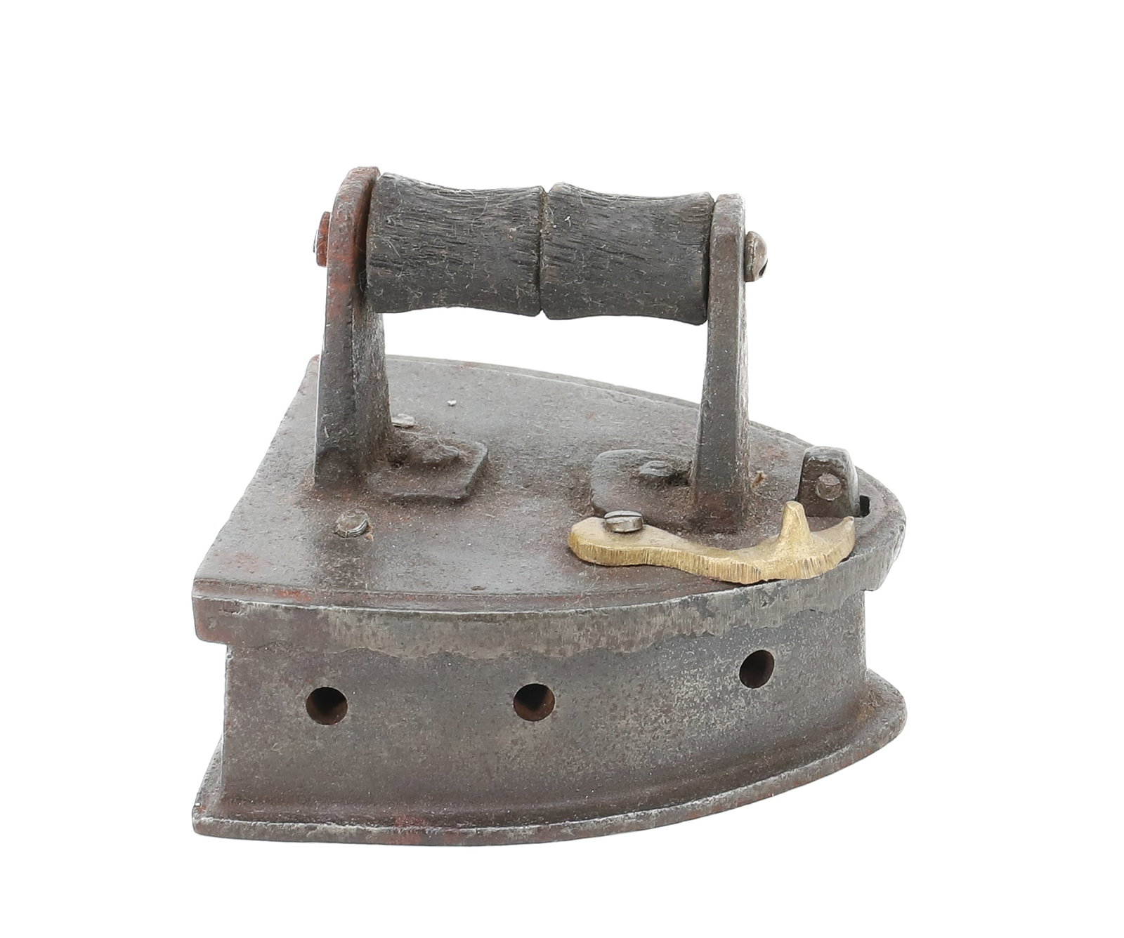 CHILD'S SMALL SIZE CHARCOAL IRON: PERFORATED SIDES. BRASS FRONT LATCH. LIFT-LID. 3 1/2" L. PLEASE READ CAREFULLY - ITEMS MUST BE PAID FOR THROUGH LIVE AUCTIONEERS OR WITH CASH OR CHECK IN PERSON - Terms for Purchasing and Shipping of
