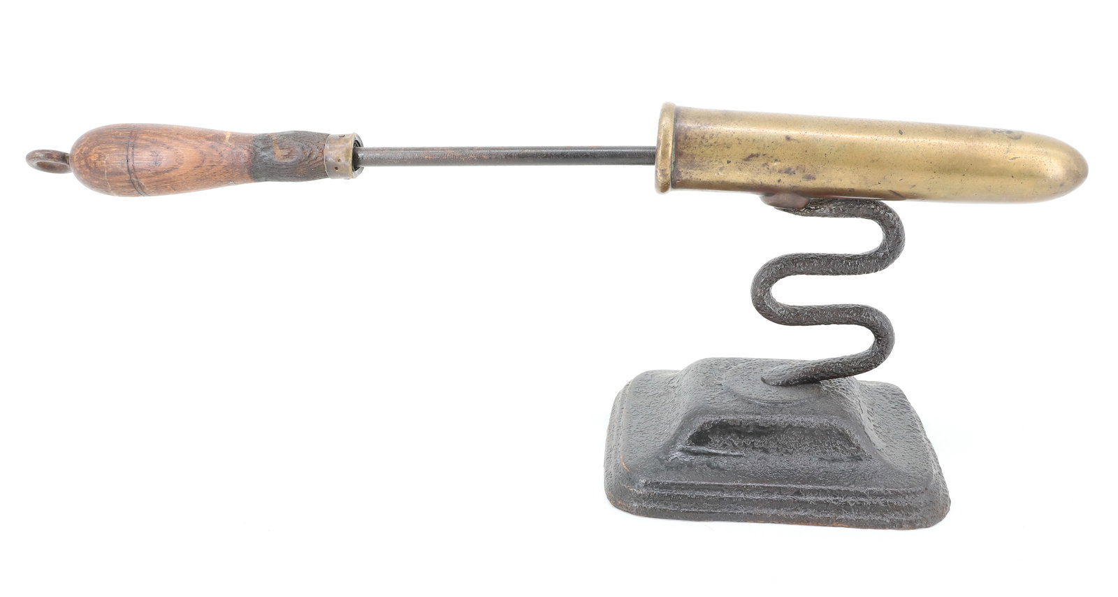 SINGLE BARREL ENGLISH GOFFERING IRON: BRASS BARREL. "S" TURNED POST. CAST IRON BASE. WITH HEAT ROD. 6 1/2" BARREL. PLEASE READ CAREFULLY - ITEMS MUST BE PAID FOR THROUGH LIVE AUCTIONEERS OR WITH CASH OR CHECK IN PERSON - Terms for Purchas
