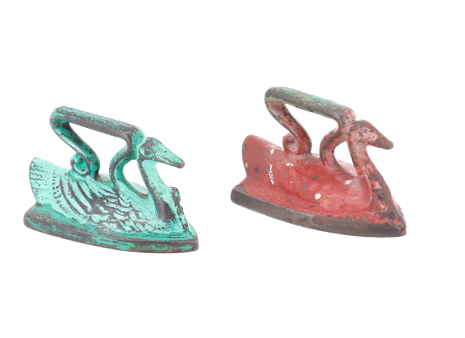 PAIR OF PAINTED TOY SWAN IRONS: PAINTED CAST IRON (GREEN AND RED). 2 3/4" L. PLEASE READ CAREFULLY - ITEMS MUST BE PAID FOR THROUGH LIVE AUCTIONEERS OR WITH CASH OR CHECK IN PERSON - Terms for Purchasing and Shipping of Auction Item