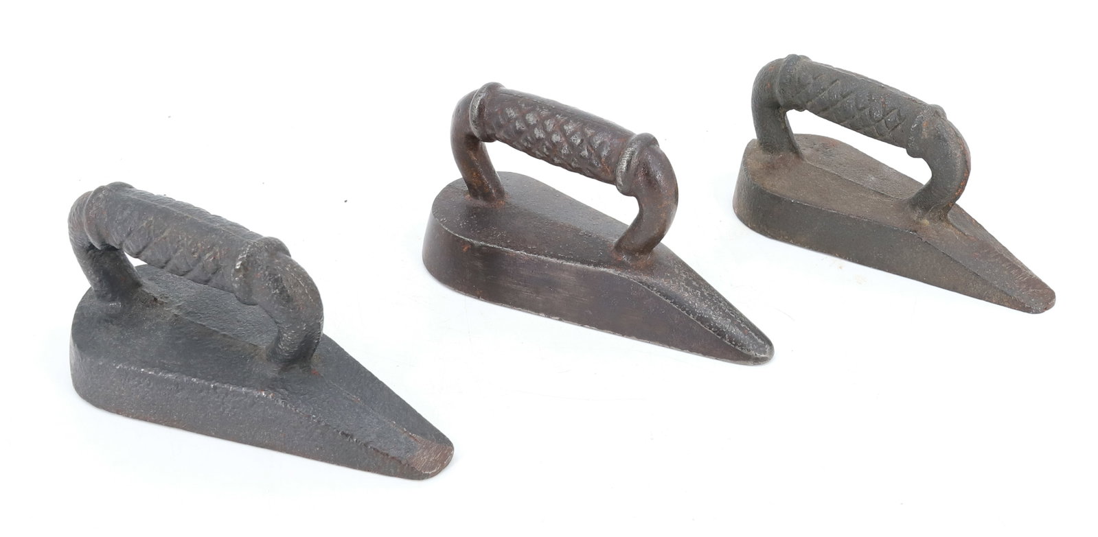 (3) SMALL SIZE SLEEVE IRONS: ARCADE TOY IRONS. 3 3/4" TO 4" LENGTHS. PLEASE READ CAREFULLY - ITEMS MUST BE PAID FOR THROUGH LIVE AUCTIONEERS OR WITH CASH OR CHECK IN PERSON - Terms for Purchasing and Shipping of Auction Items. Pl