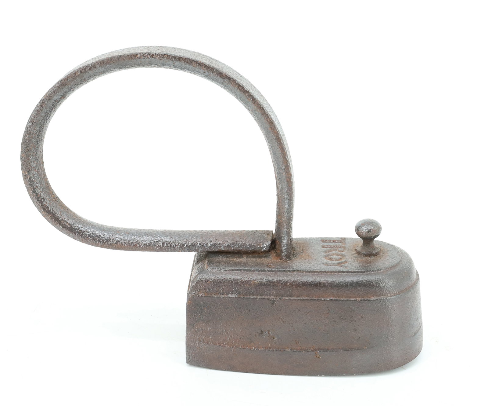 UNUSUAL POLISHING IRON: MRKD. TROY. LARGE LOOP HANDLE AND DIAMOND IMPRINTED BASE. 4 1/4" L. PLEASE READ CAREFULLY - ITEMS MUST BE PAID FOR THROUGH LIVE AUCTIONEERS OR WITH CASH OR CHECK IN PERSON - Terms for Purchasing and