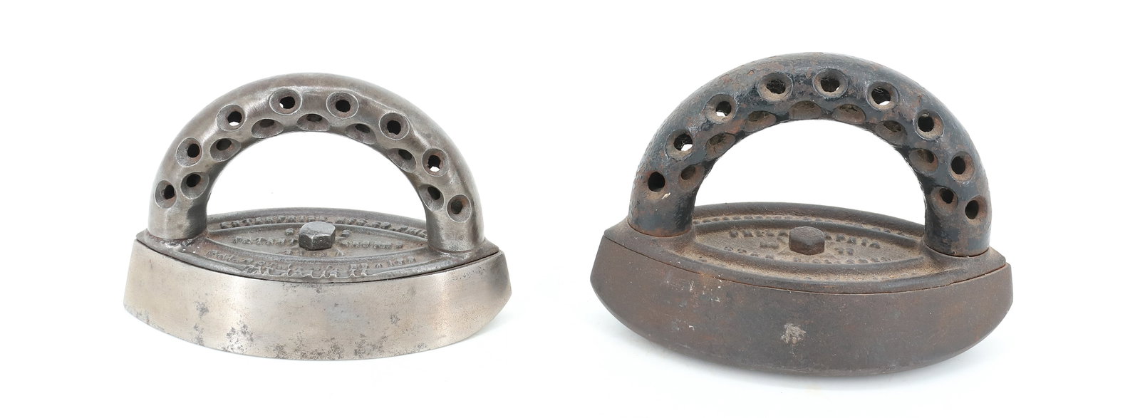 (2) ENTERPRISE DOUBLE-POINT SAD IRONS: INCLUDING: ENTERPRISE GIRL'S PATENT OCT. 1, 1867 WITH VENTED HANDLE. WITH, STAR POLISHER #77 PHILADELPHIA. 5" AND 6" LENGTHS. PLEASE READ CAREFULLY - ITEMS MUST BE PAID FOR THROUGH LIVE AUCTIONEERS OR