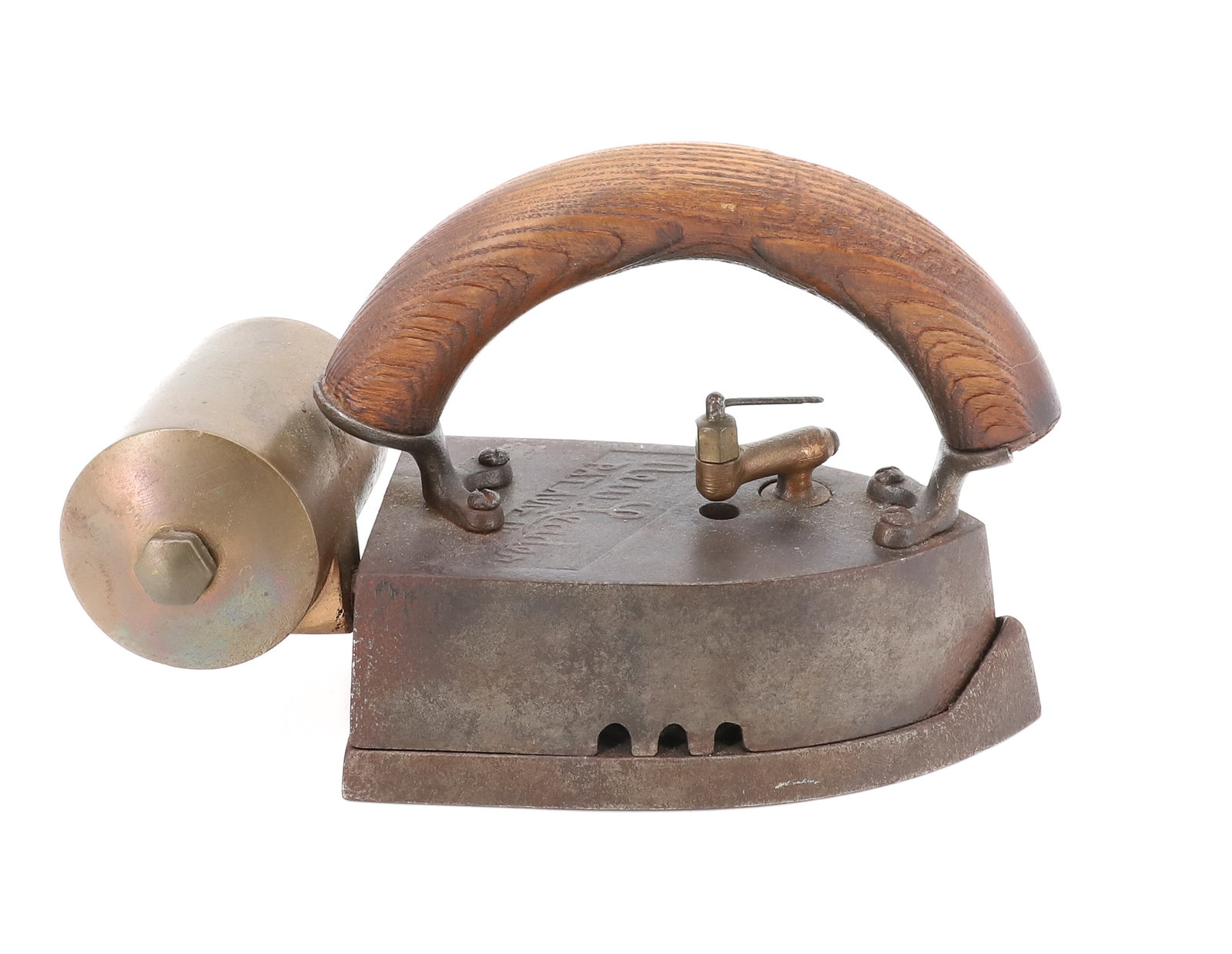NEW LEADER FUEL IRON: REAR BRASS BARREL TANK, SIDE FILL, SAWBUCK HANDLE. 6 1/2" L. PLEASE READ CAREFULLY - ITEMS MUST BE PAID FOR THROUGH LIVE AUCTIONEERS OR WITH CASH OR CHECK IN PERSON - Terms for Purchasing and Shipping
