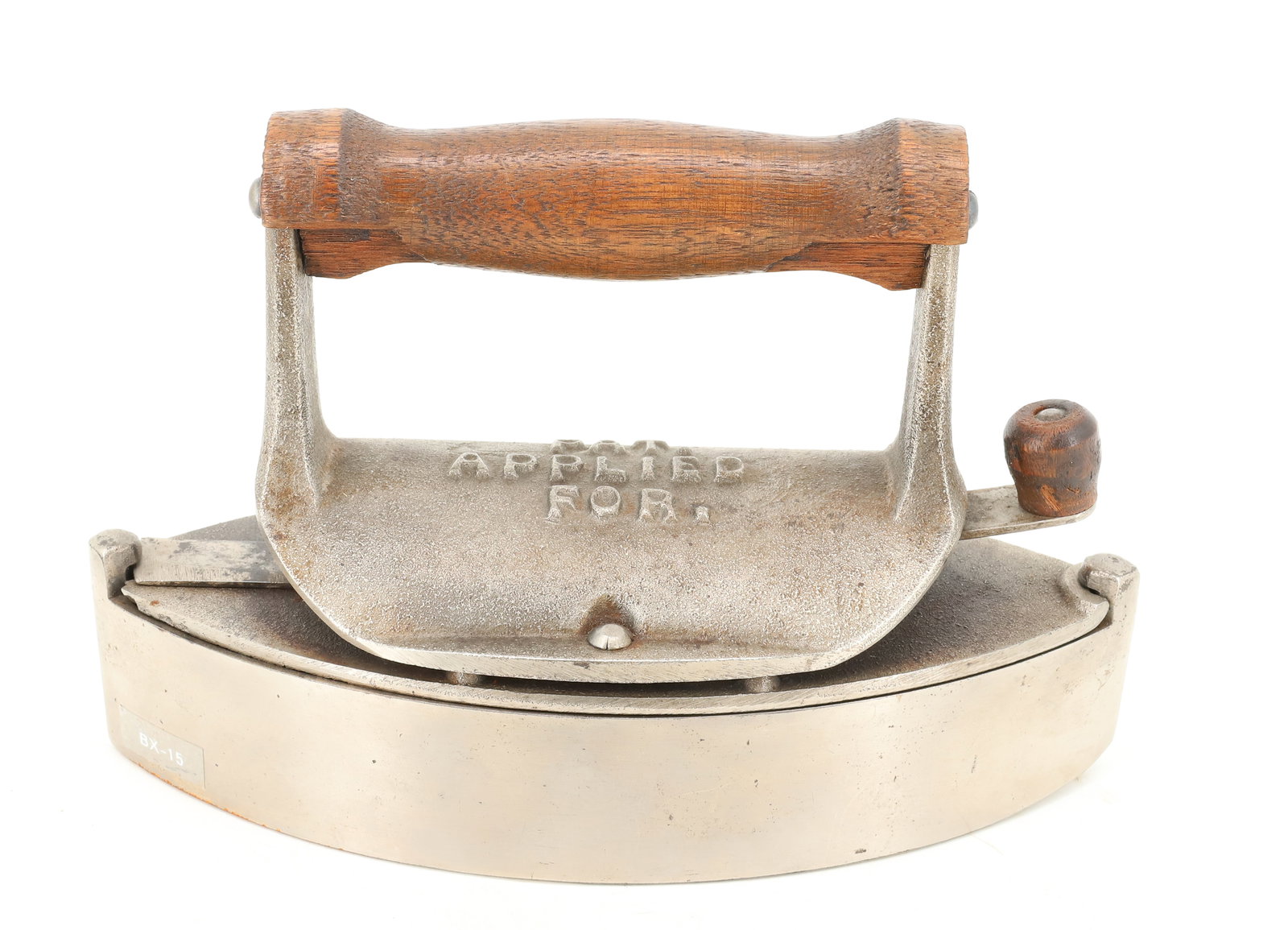 UNUSUAL DOUBLE-POINT BOX IRON: REMOVABLE TOP, PAT. APPLIED FOR APRIL 5, 1877 - JOEL BENNITT, DEFIANCE, OHIO. 7 1/2" L. PLEASE READ CAREFULLY - ITEMS MUST BE PAID FOR THROUGH LIVE AUCTIONEERS OR WITH CASH OR CHECK IN PERSON - Terms 