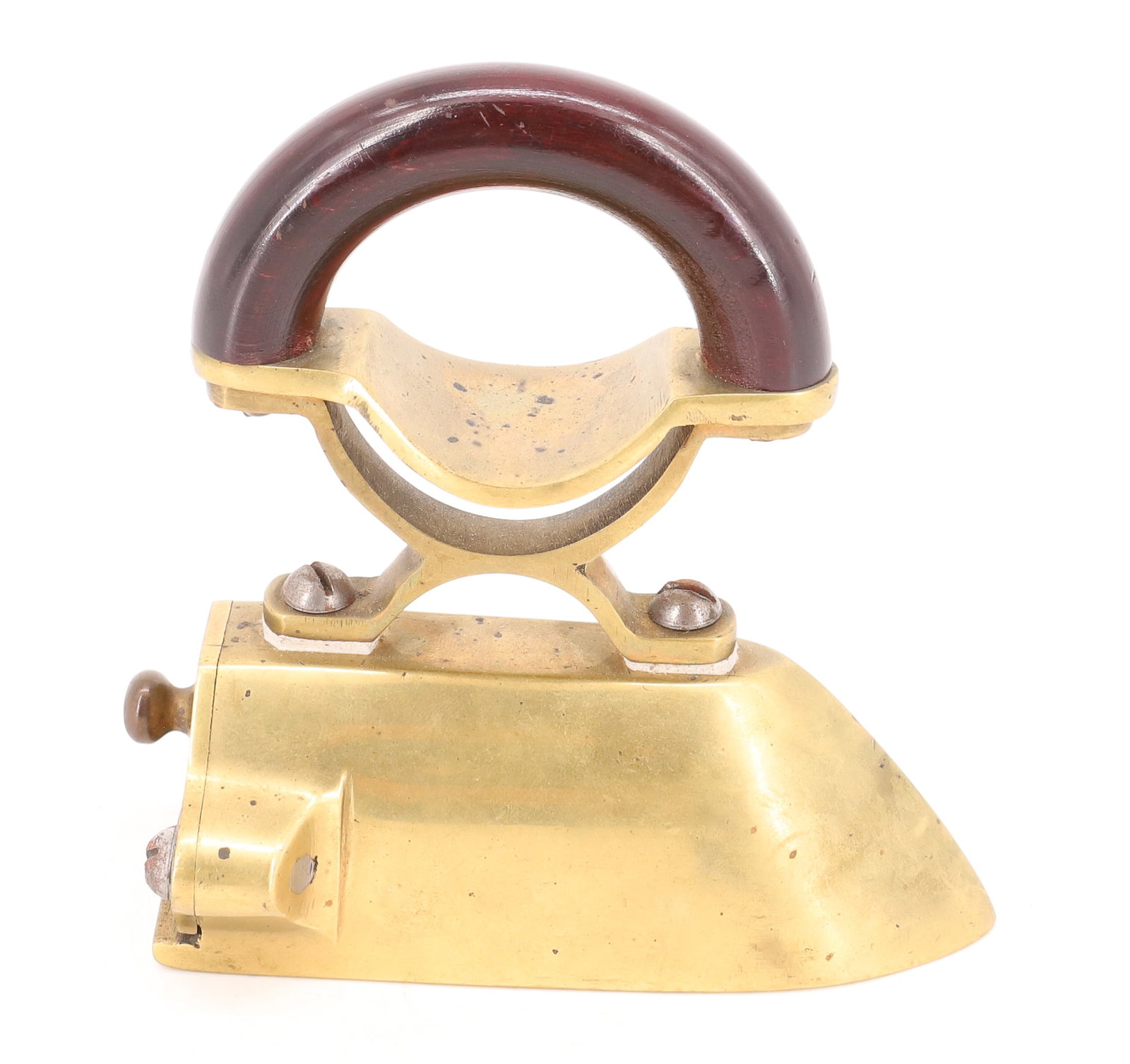 SMALL SIZE BRASS OX-TONGUE IRON: REAR LIFT-GATE. INTERIOR SLUG. UNUSUAL HANDLE. 3 3/4" L. PLEASE READ CAREFULLY - ITEMS MUST BE PAID FOR THROUGH LIVE AUCTIONEERS OR WITH CASH OR CHECK IN PERSON - Terms for Purchasing and Shipping of