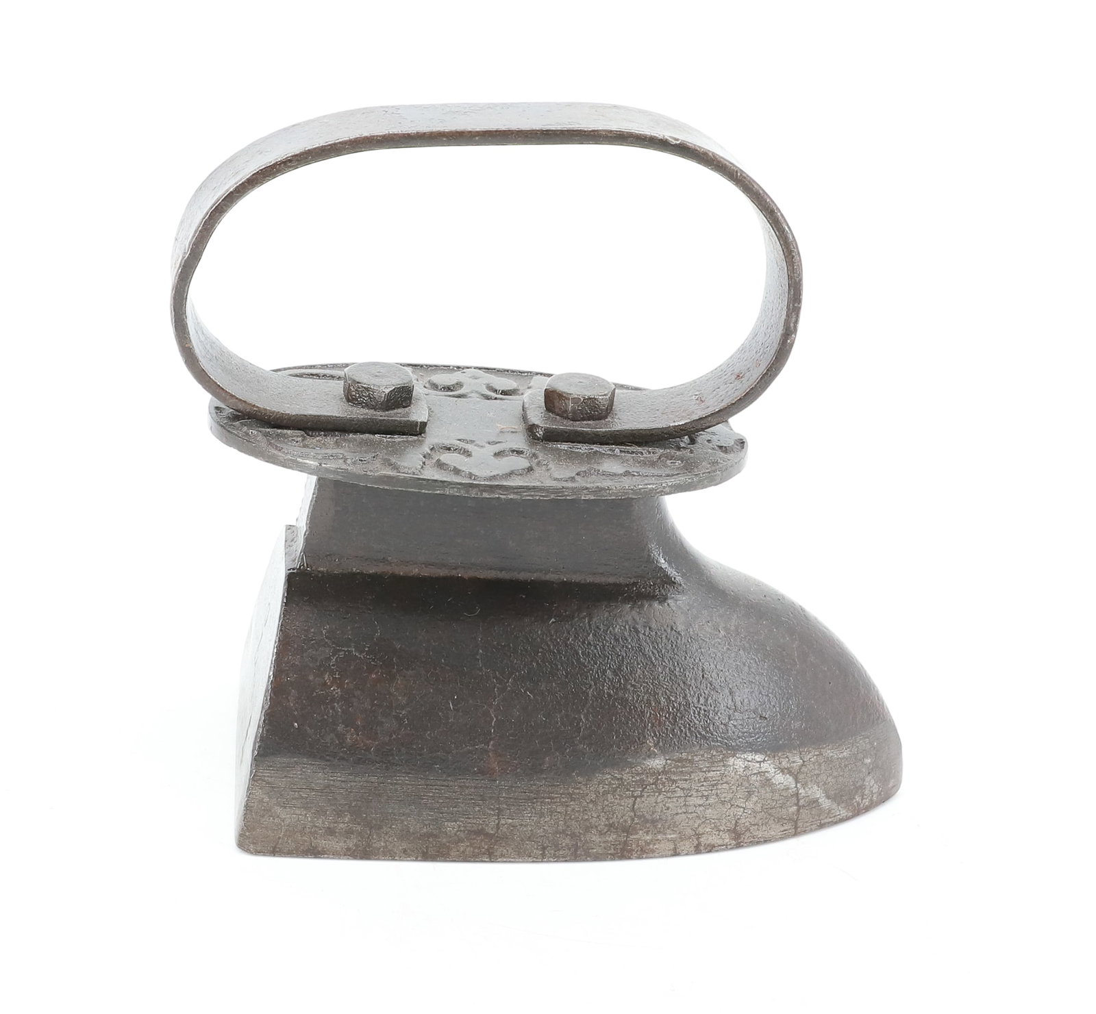19TH C. EUROPEAN SAD IRON: SOLID BODY WITH RAISED NECK, APPLIED STIRRUP HANDLE. EMBOSSED TOP. 6" L. PLEASE READ CAREFULLY - ITEMS MUST BE PAID FOR THROUGH LIVE AUCTIONEERS OR WITH CASH OR CHECK IN PERSON - Terms for Purchasing