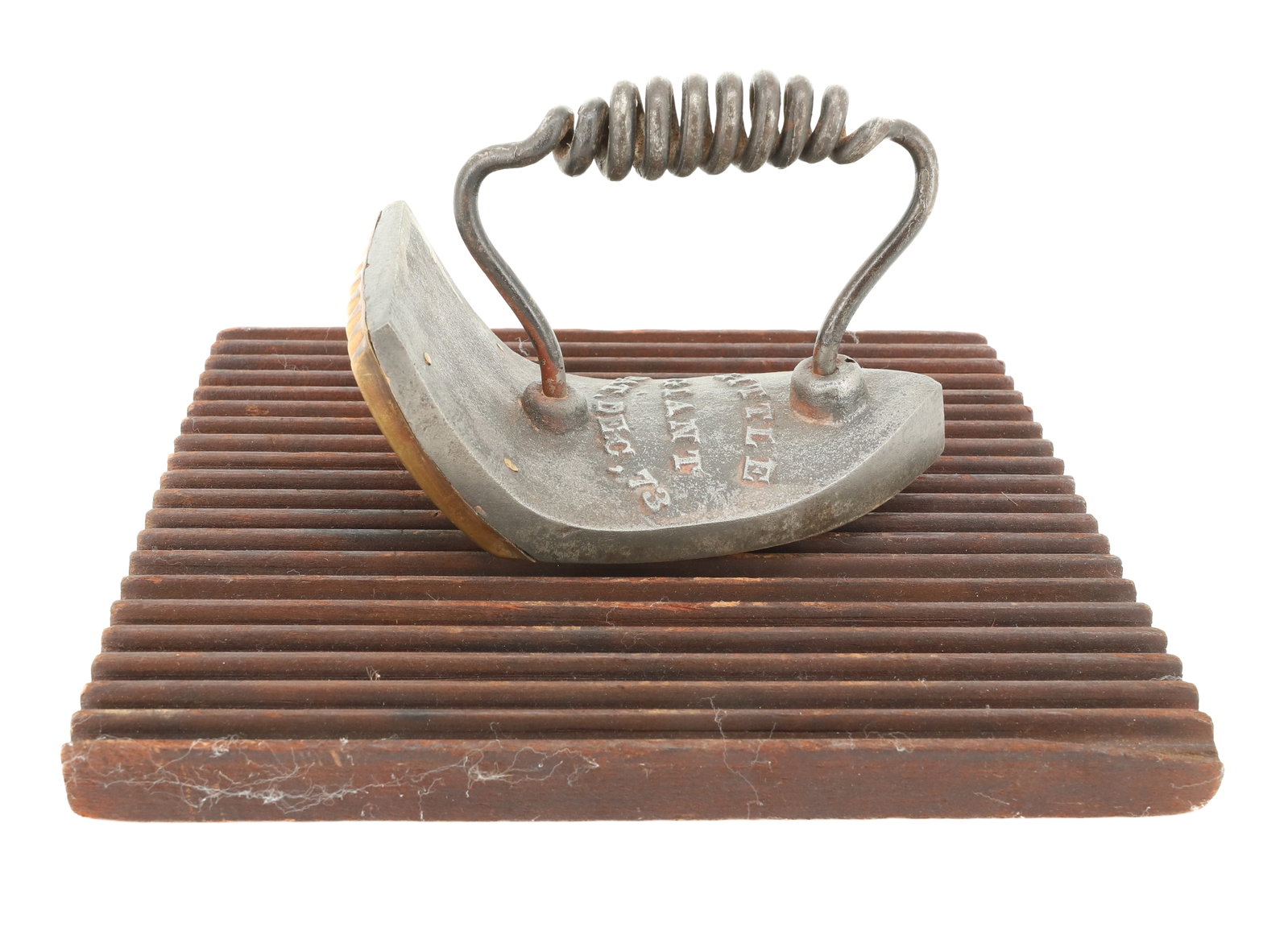 LITTLE GIANT POLISHING / FLUTING IRON: ORIGINAL WOODEN FLUTING BOARD. CA. 1870S. EIGHT FLUTES. BOARD 10" X 8". PLEASE READ CAREFULLY - ITEMS MUST BE PAID FOR THROUGH LIVE AUCTIONEERS OR WITH CASH OR CHECK IN PERSON - Terms for Purchasing a