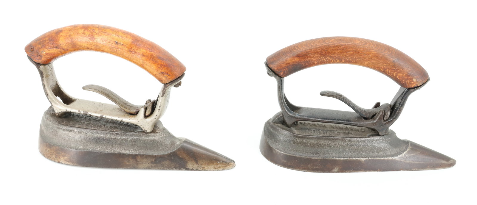 (2) DETACHABLE HANDLE SLEEVE IRONS: BOTH ARE G.H. OBER, CHAGRIN FALLS, OHIO. PAT. MAY 1895. 7 3/4" L. PLEASE READ CAREFULLY - ITEMS MUST BE PAID FOR THROUGH LIVE AUCTIONEERS OR WITH CASH OR CHECK IN PERSON - Terms for Purchasing and Shi