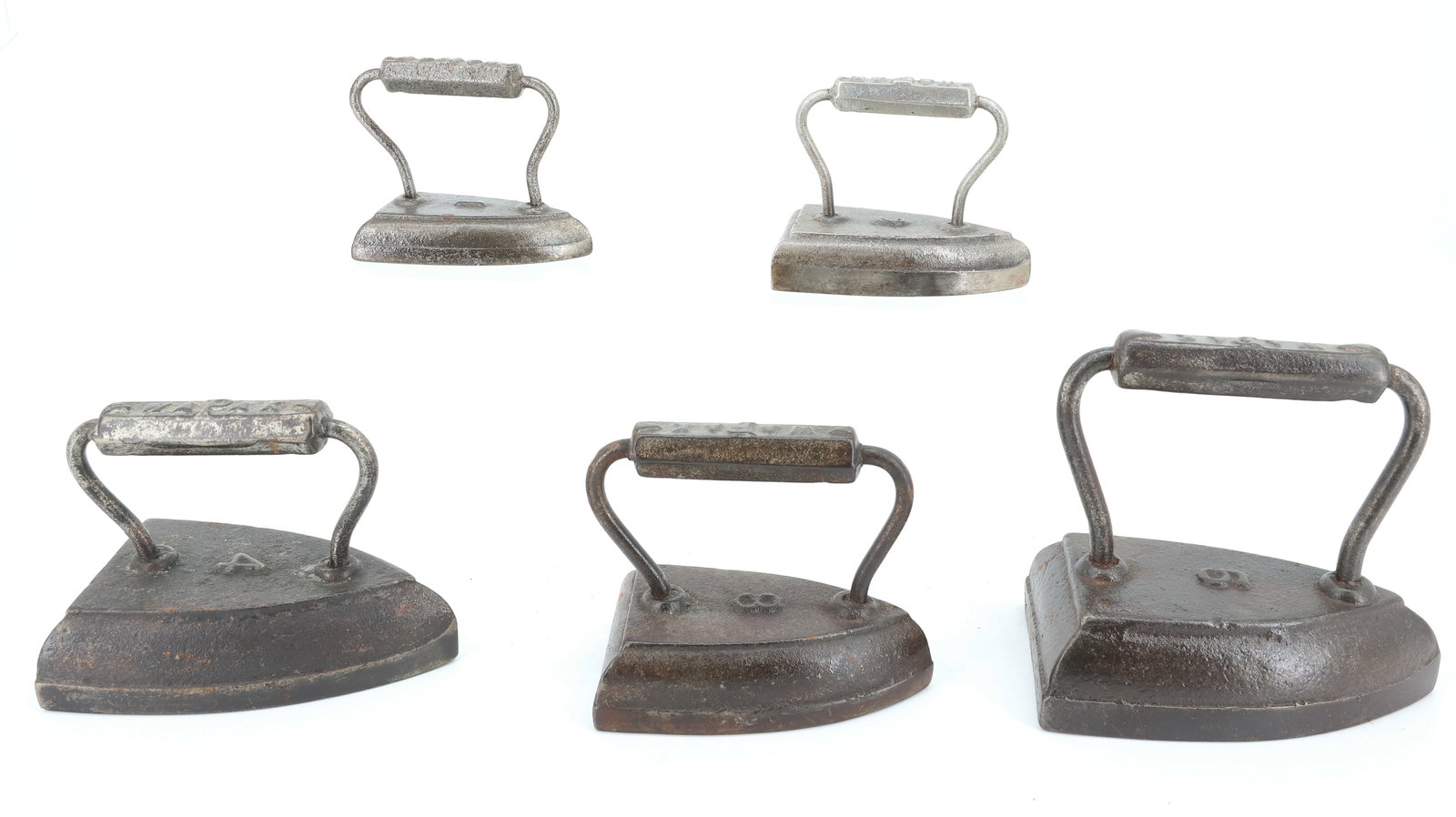 (5) WAPACK SAD IRONS: INCLUDING: 1 TO 5. EMBOSSED WAPACK ON HAND GRIPS. PLEASE READ CAREFULLY - ITEMS MUST BE PAID FOR THROUGH LIVE AUCTIONEERS OR WITH CASH OR CHECK IN PERSON - Terms for Purchasing and Shipping of Auction