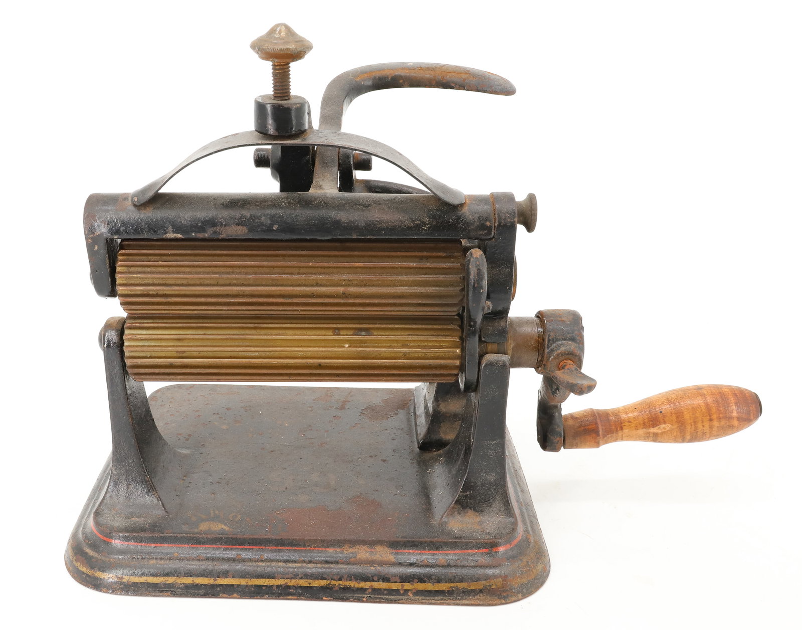 ANTIQUE FLUTING MACHINE: #66 (UNMARKED MANUFACTURER) WITH TRACES OF ORIGINAL PAINT 6" BRASS ROLLERS. PLEASE READ CAREFULLY - ITEMS MUST BE PAID FOR THROUGH LIVE AUCTIONEERS OR WITH CASH OR CHECK IN PERSON - Terms for Purchasi